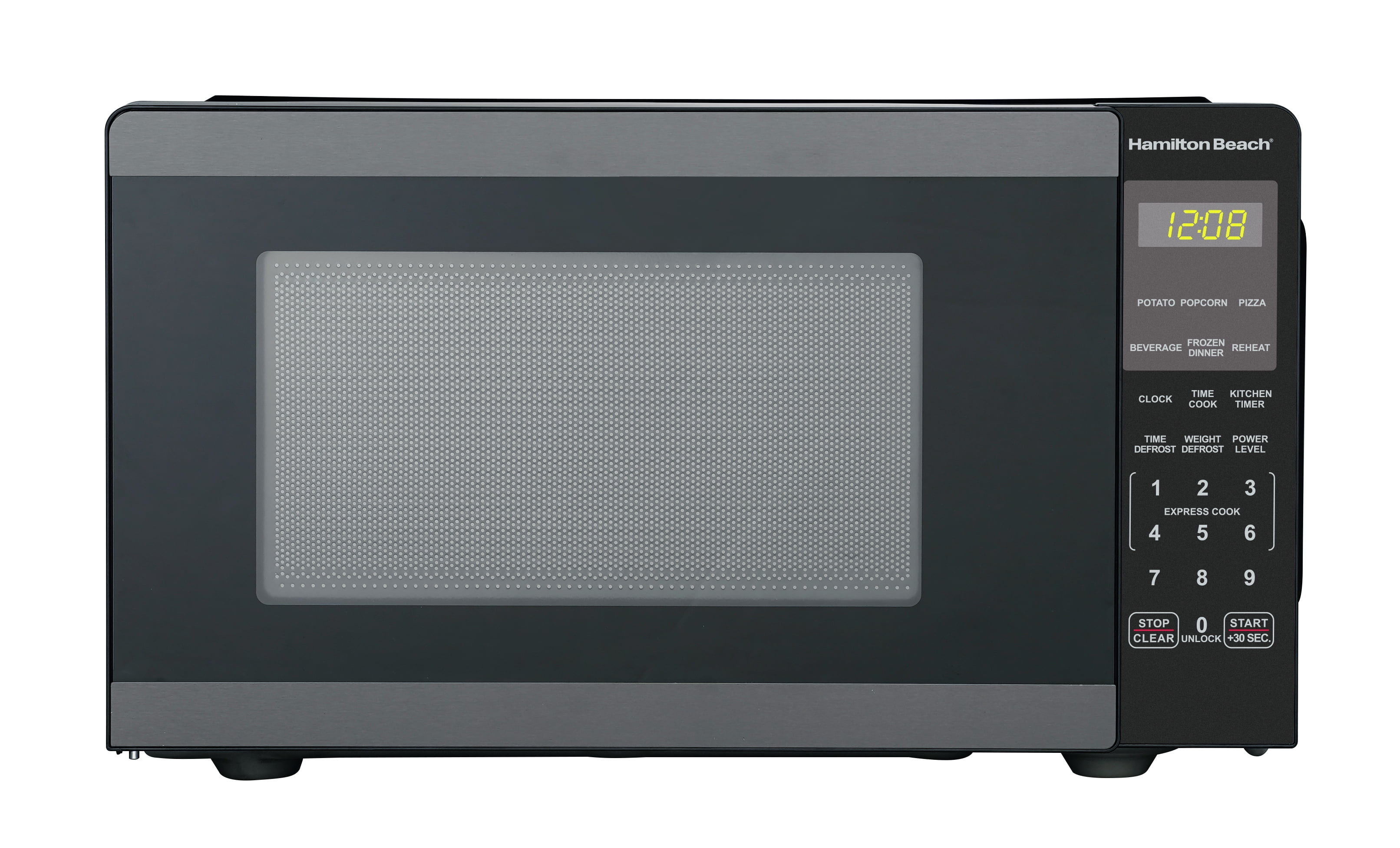 Hamilton Beach 0.9 Cu ft Countertop Microwave Oven, 900 Watts, Black Stainless Steel, New