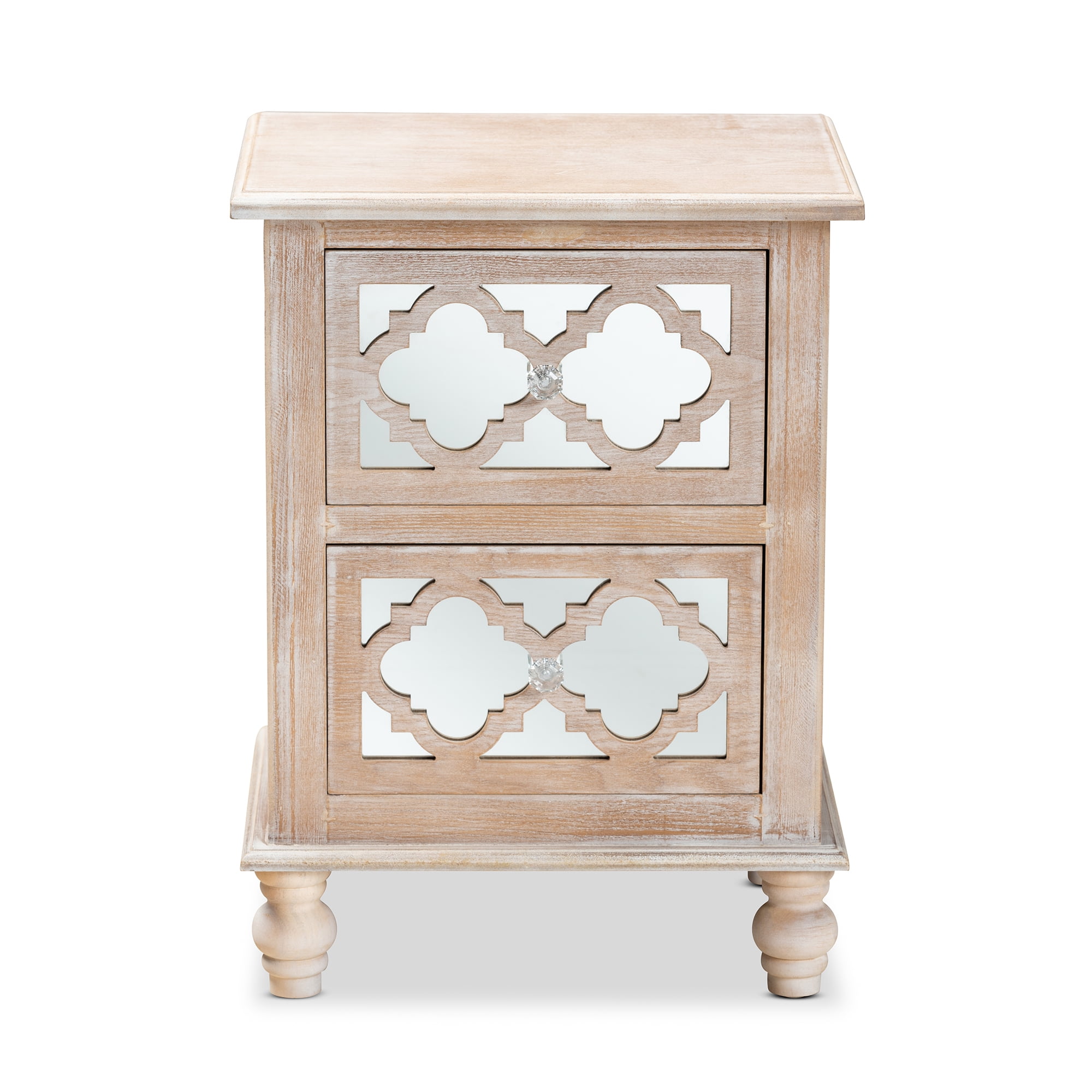 Baxton Studio Celia Transitional Rustic French Country White-Washed Wood and Mirror 2-Drawer Quatrefoil End Table - Image 8