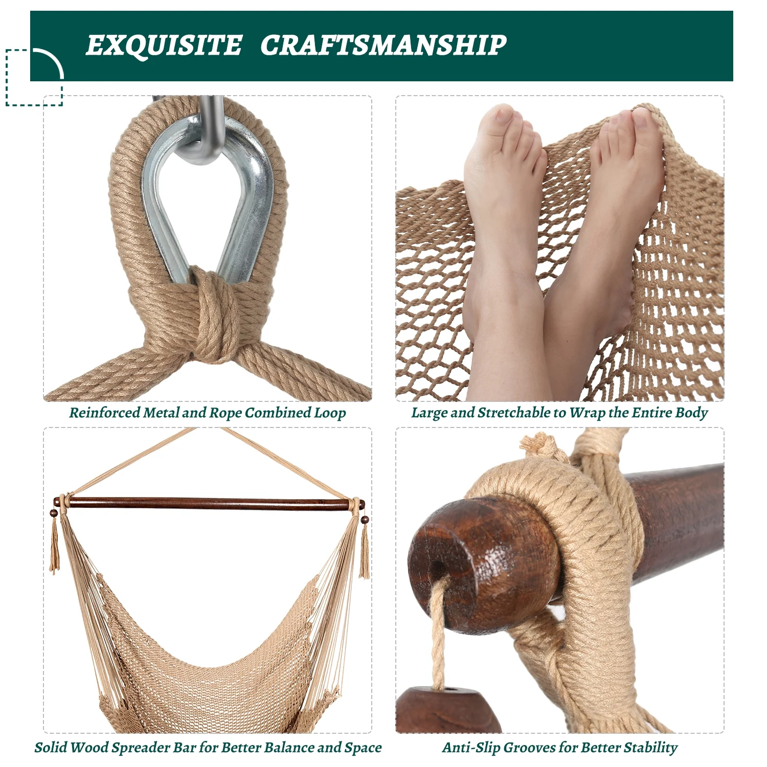 Bathonly Portable Caribbean Hammock Swing Chair with Wood Bar, Outdoor Indoor, Max 330 lbs, Brown - Image 6