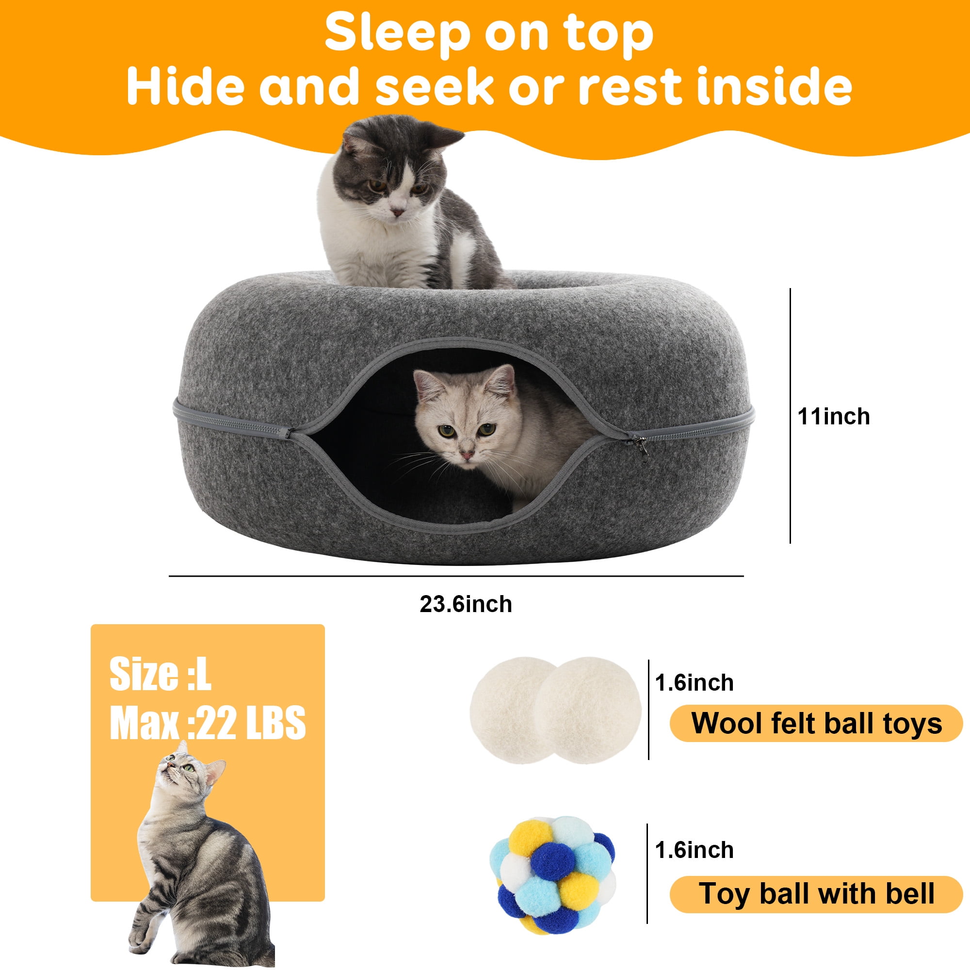 Large Cat Tunnel Bed for Indoor Cats with 3 Toys, Scratch Resistant Donut Cat Bed, Up to 30 Lbs (L 24x24x11, Dark Grey) - Image 2