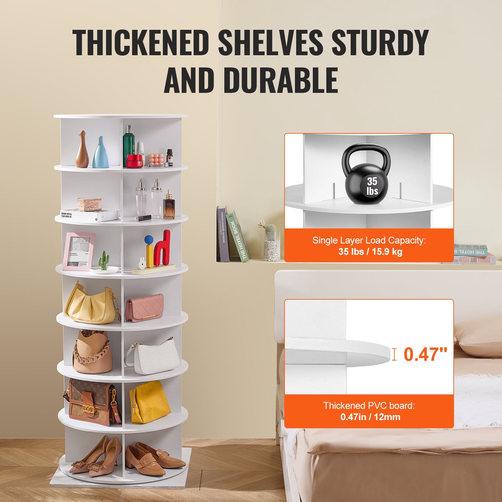 KFFKFF 7-Level Rotating Footwear Storage Tower, 360° Circular Shoe Showcase, Rotational Footwear Storage Carousel, Round Shoe Organizer with Stand for Bedroom, Living Room, Foyer, in White - Image 9