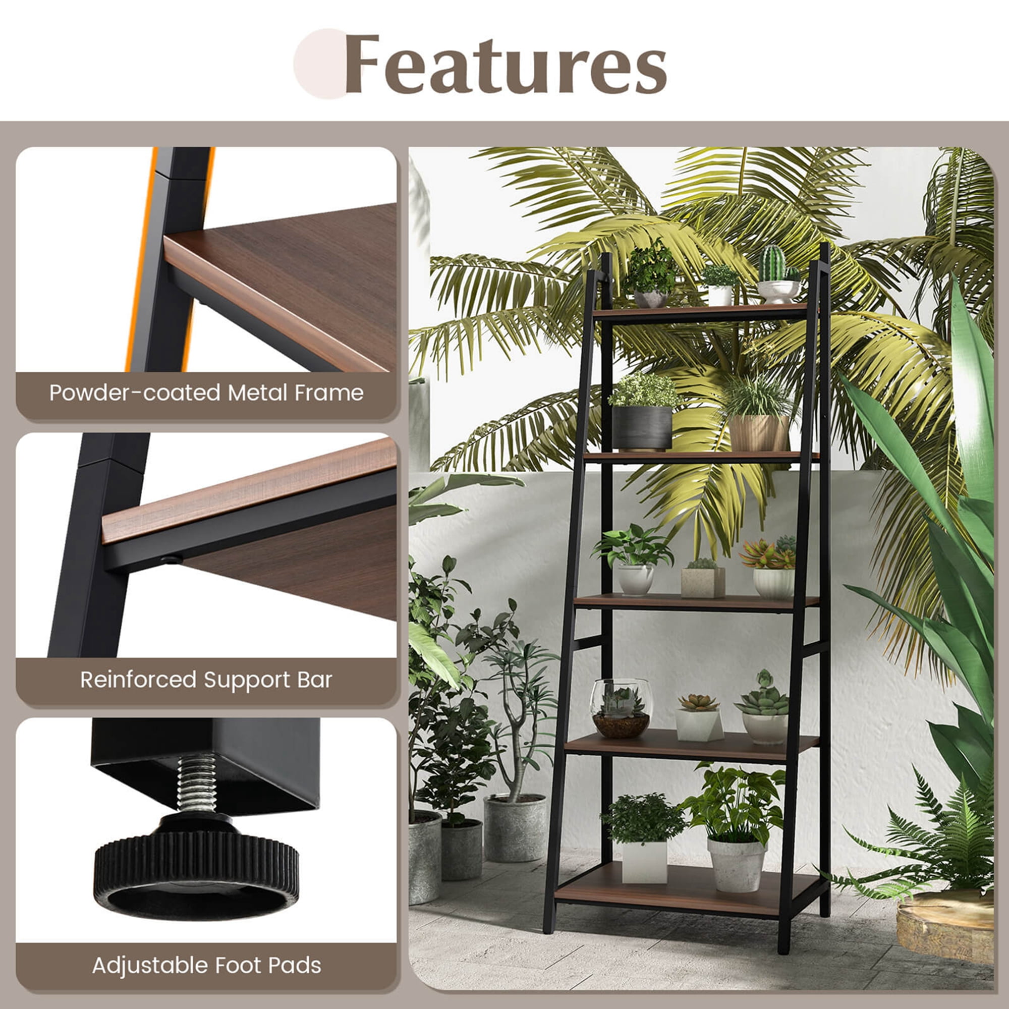 Costway Industrial Ladder Shelf Rustic 5 Tier Leaning Bookshelf Wood Metal Bookcase - Image 10