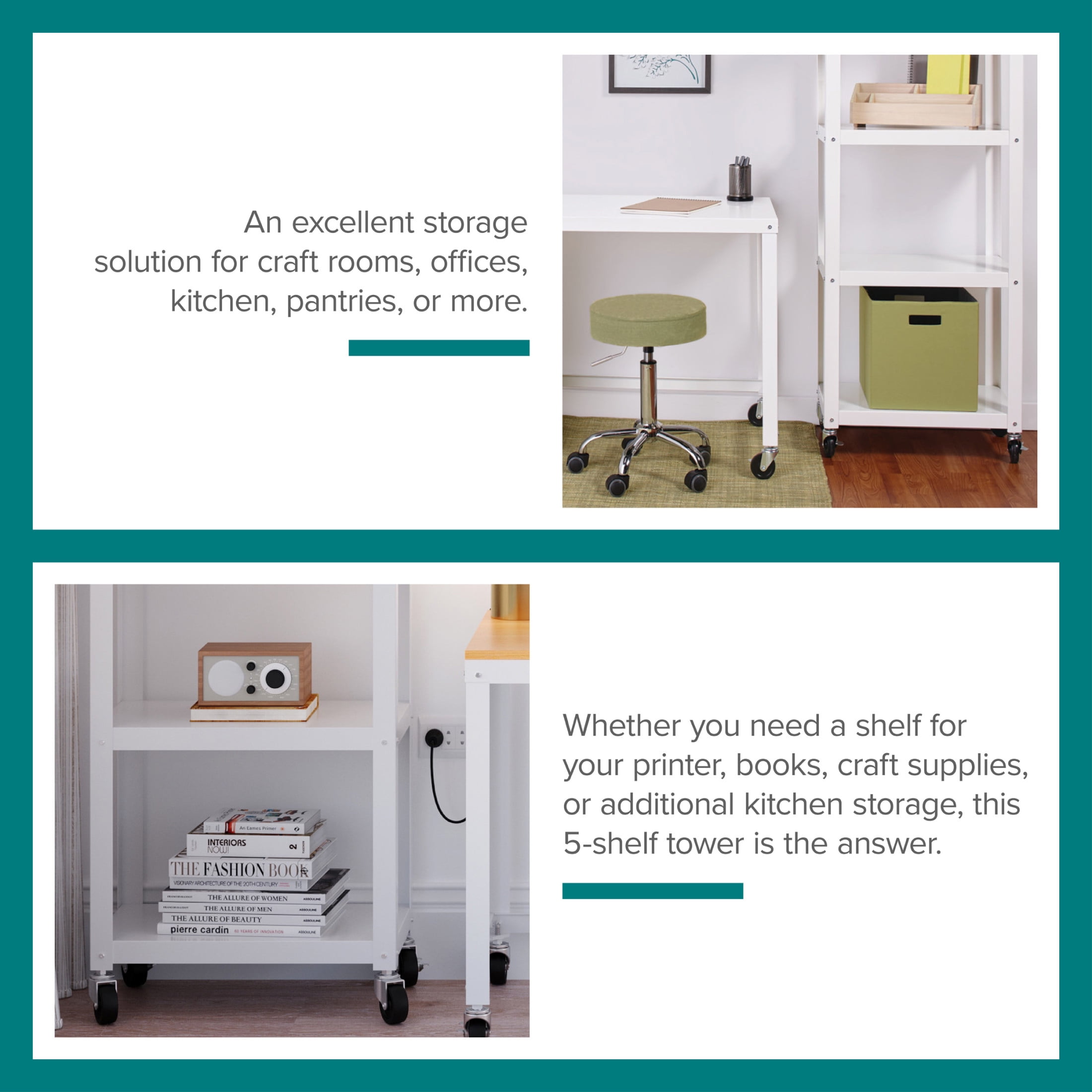 Office Dimensions 72" High Rolling 5 Shelf Bookcase, Industrial Metal, White - Image 4