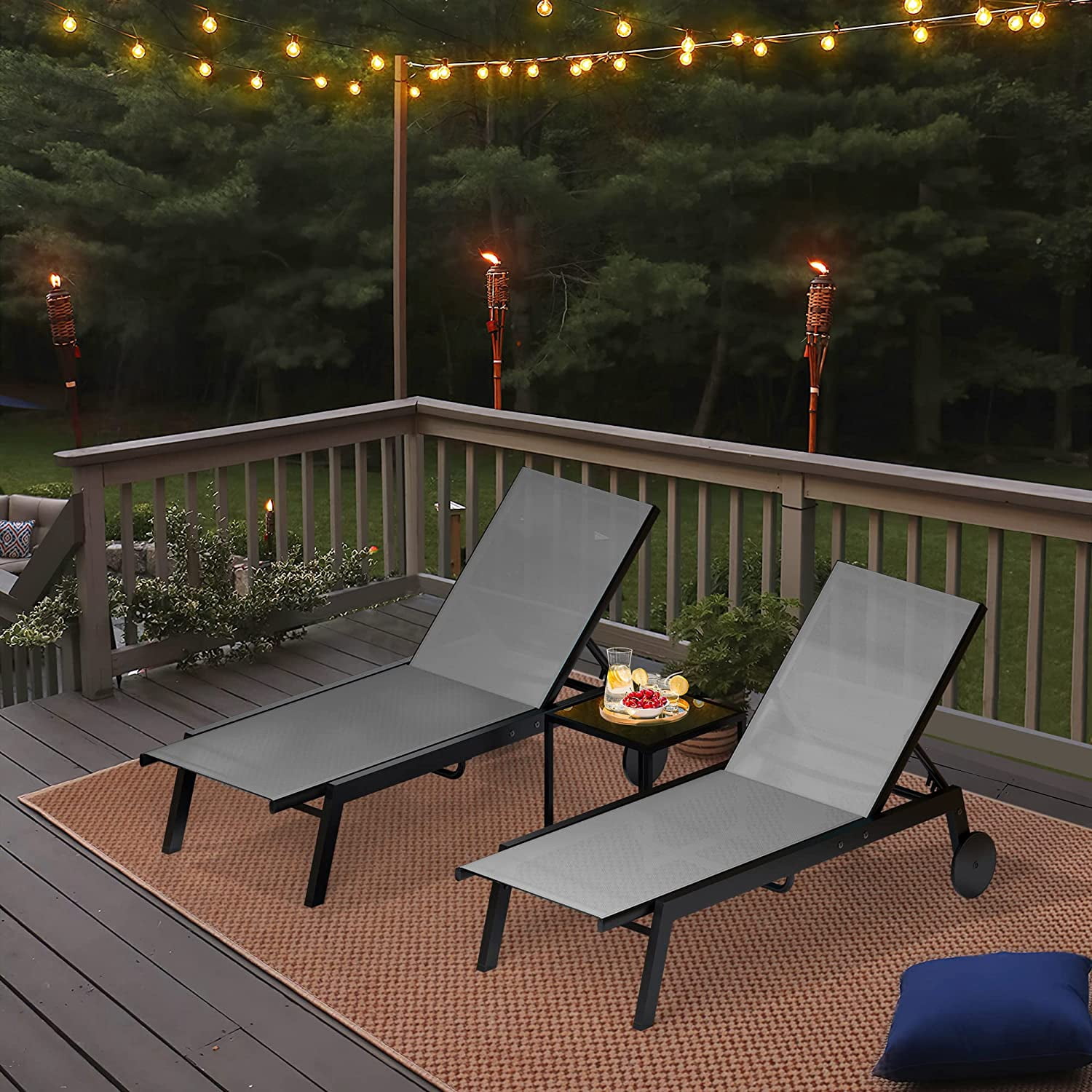 Dextrus 2 Pcs Outdoor Lounge Chairs with Side Table, Reclining Sun Loungers Featuring Aluminum Frame/Textilene Fabric/Wheels - Image 3