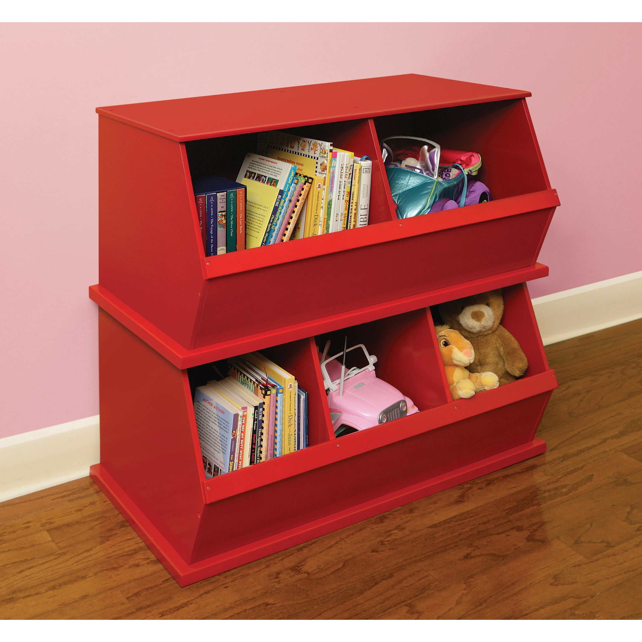 Badger Basket Children's 2-Bin Stackable Wooden Storage Cubby 5.3 Cu ft. – Red - Image 2