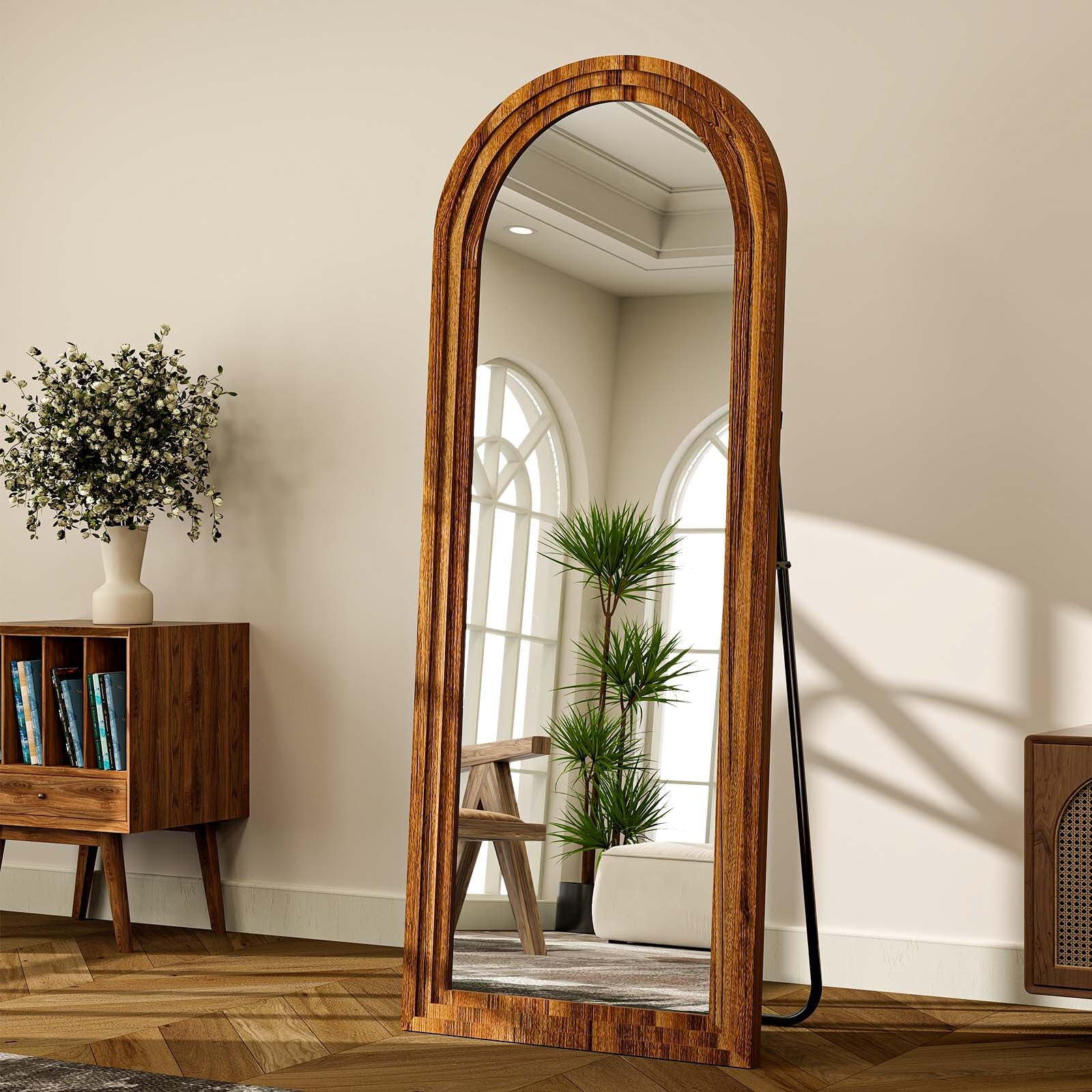 Anyrose 65"x22" Wooden Arched Full Length Floor Mirror,Brown - Image 2