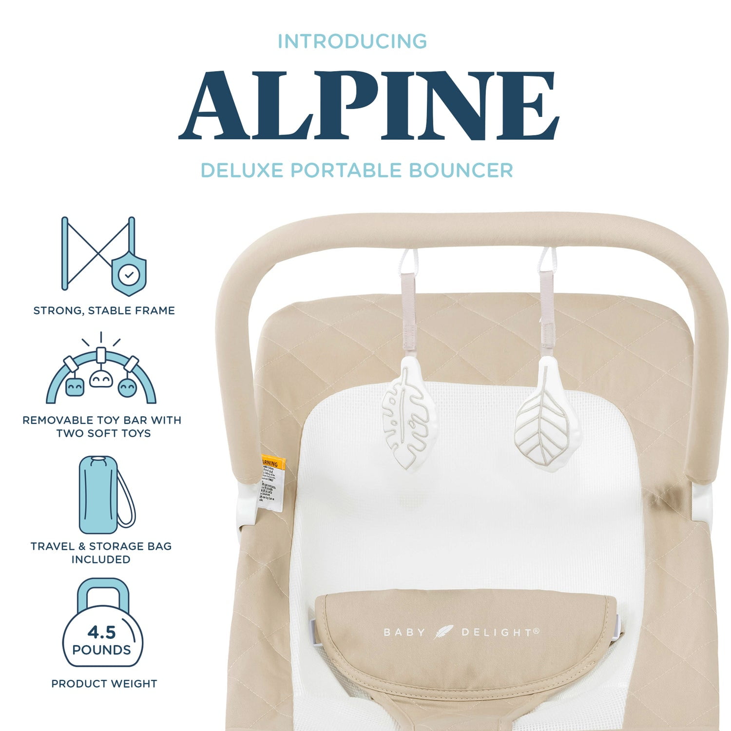 Baby Delight Alpine Deluxe Portable Baby Bouncer, for Infants 0-6 Months, Organic Oat - Image 2