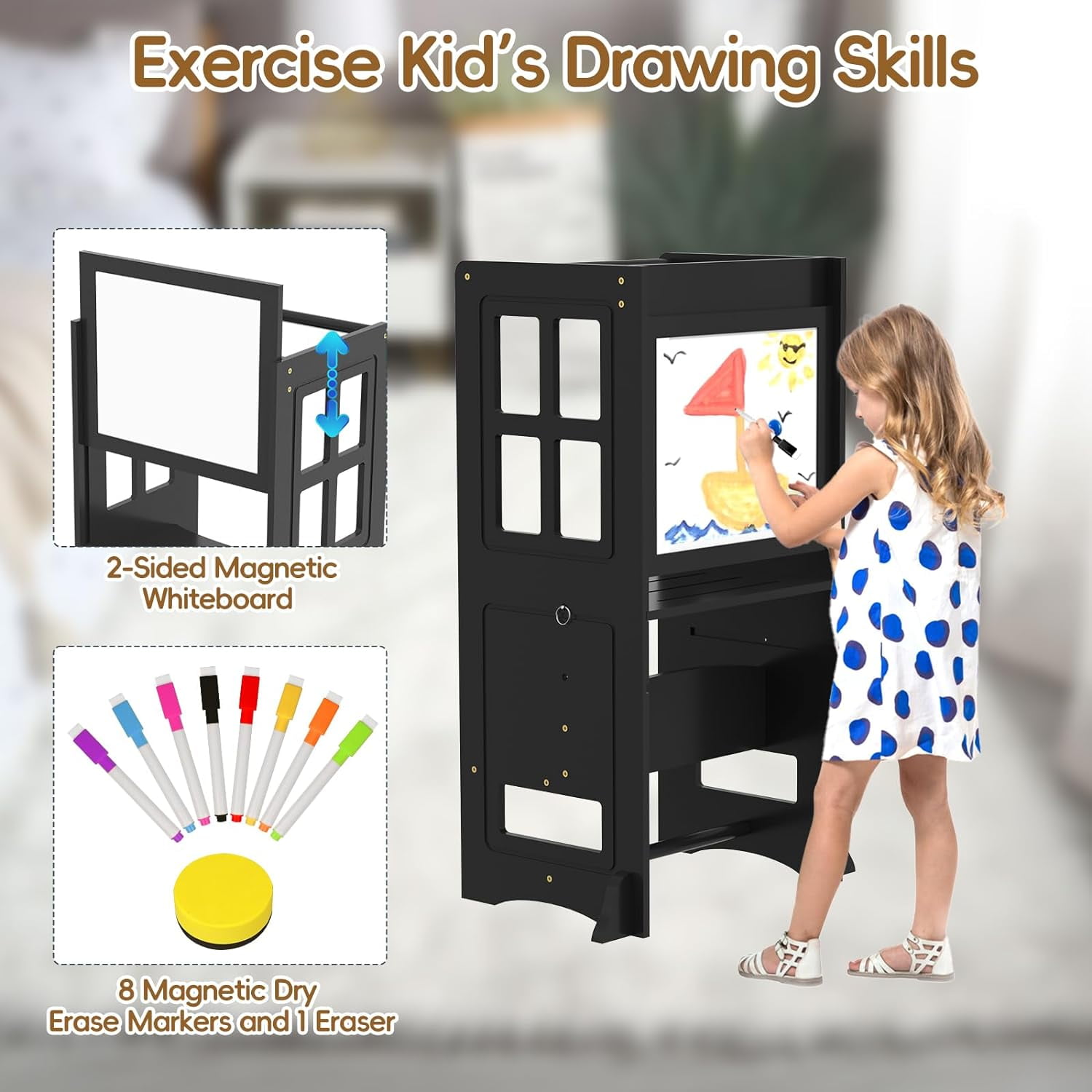 RETON Kitchen Step Stool with Non-Slip Mat, Whiteboard and Safety Rail,4 in 1 Wooden Toddler Standing Tower for Counter Bathroom Sink (Black) - Image 2