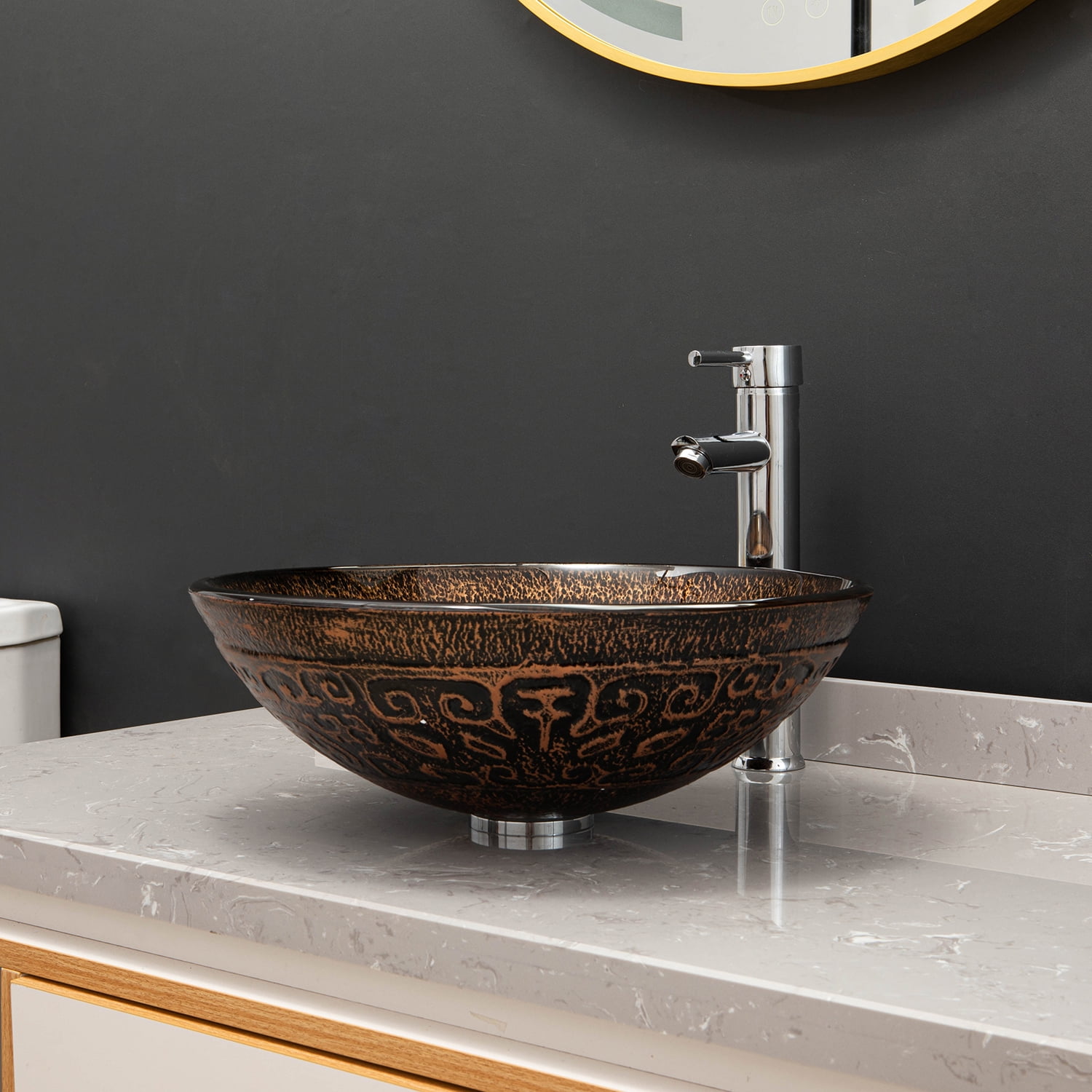 Vinnova Enna 16.5in Antique Bronze Finish Glass Round Over-Mounted Bathroom Vanity Vessel Sink Bowl - Image 5