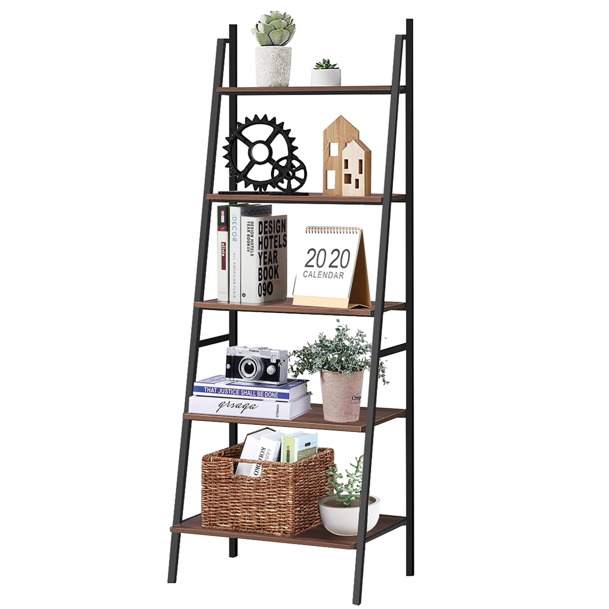 Costway Industrial Ladder Shelf Rustic 5 Tier Leaning Bookshelf Wood Metal Bookcase - Image 3