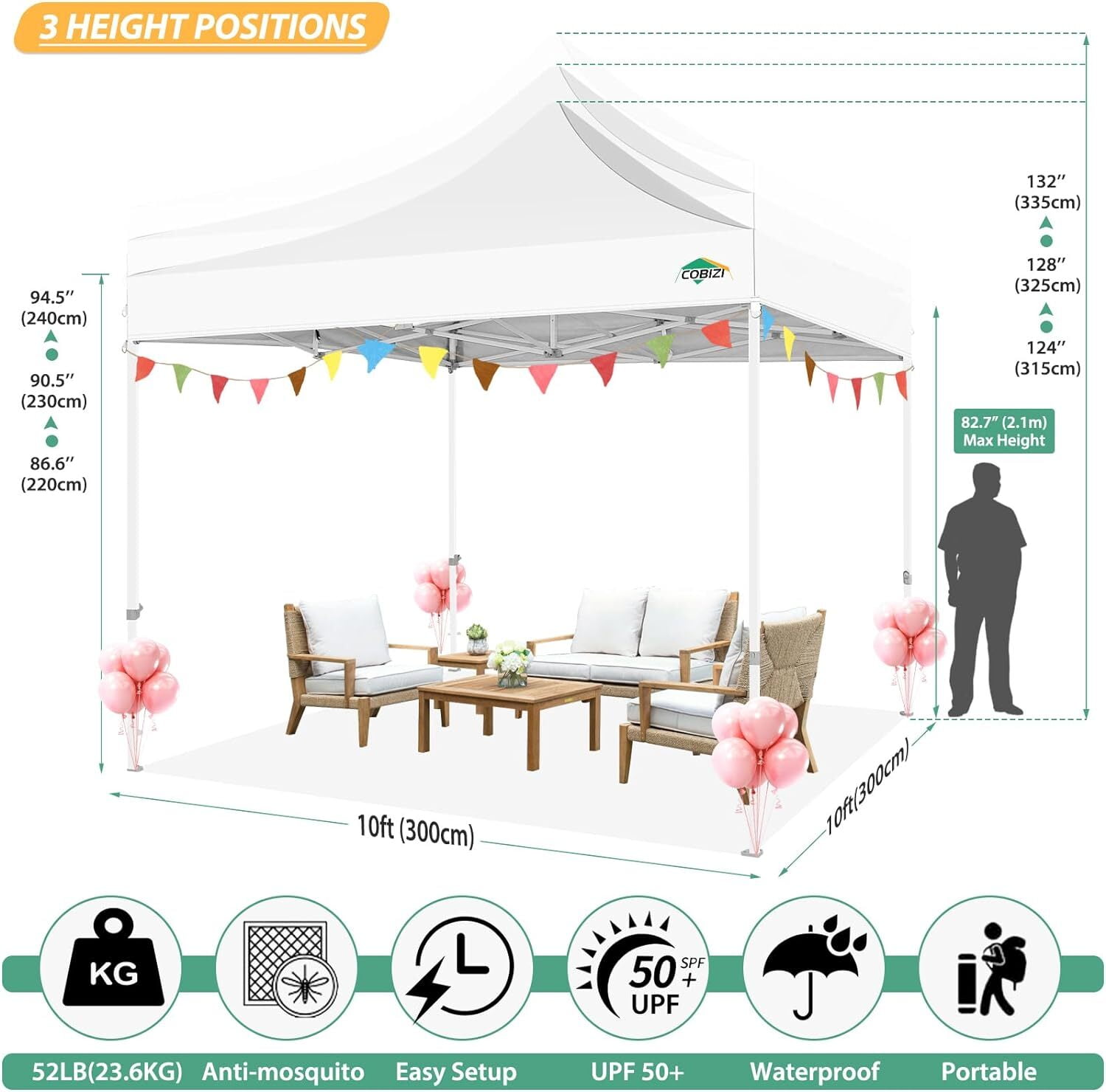 COBIZI 10x10 Heavy Duty Canopy, Pop Up Canopy Gazebo with Netting, Waterproof & Sunproof Party Tent with Mosquito Net, Outdoor Instant Canopy for Outside Party Backyard, Weddings, Birthdays, White - Image 4