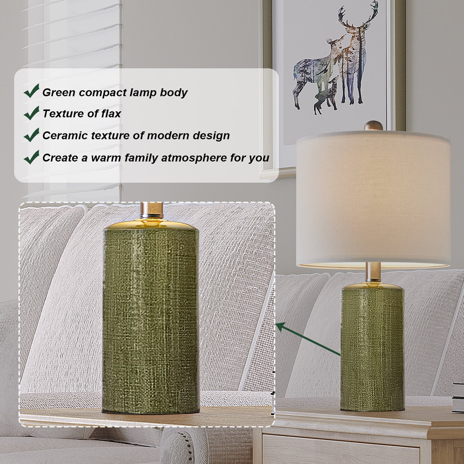 Oneach Modern Table Lamp Set of 2 for Living Room 20.25" Farmhouse Green Ceramic Bedside Nightstand Lamps for Bedroom - Image 7