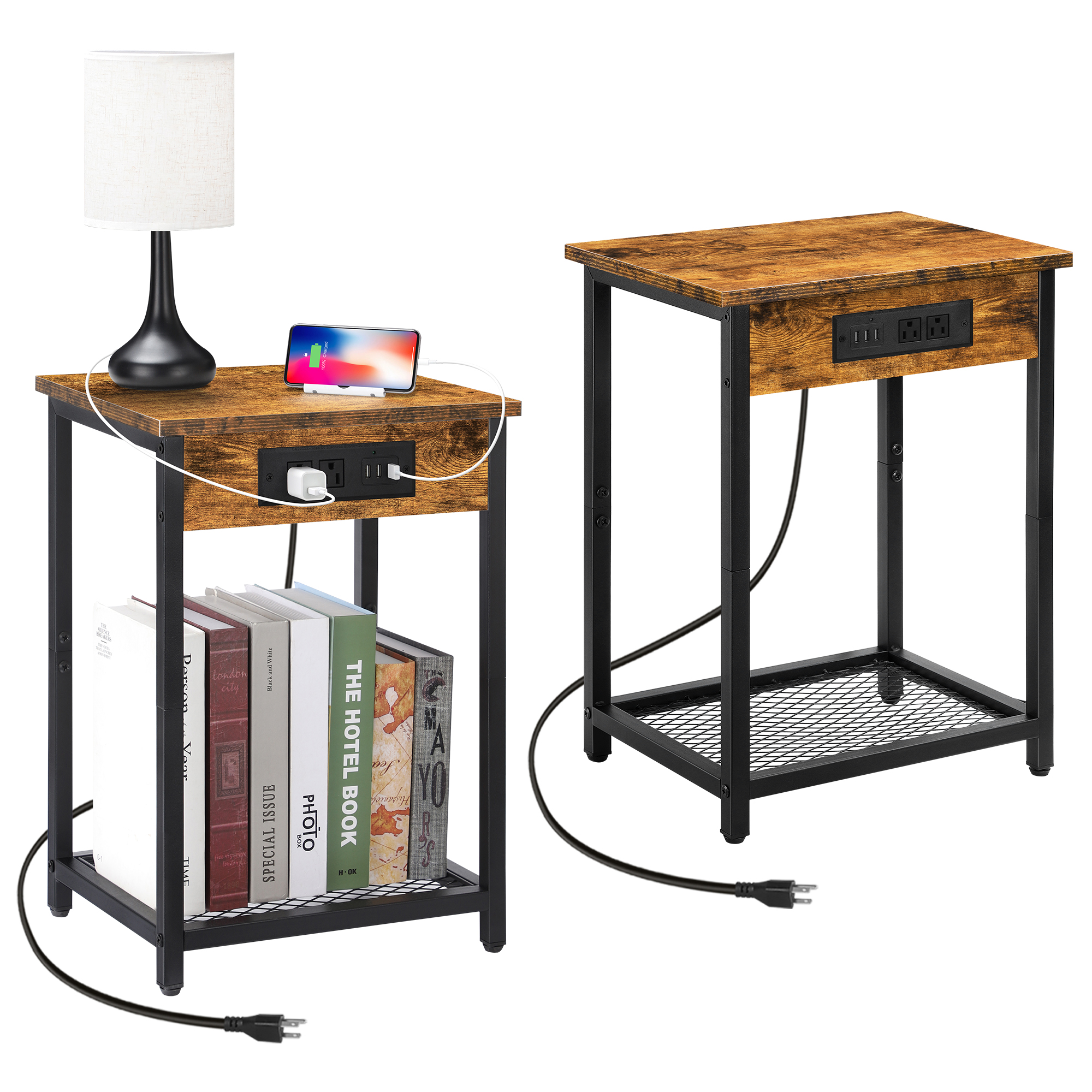 Oumilen Adult Nightstand End Table with Charging Station Rustic Brown, Set of 2 - Image 6