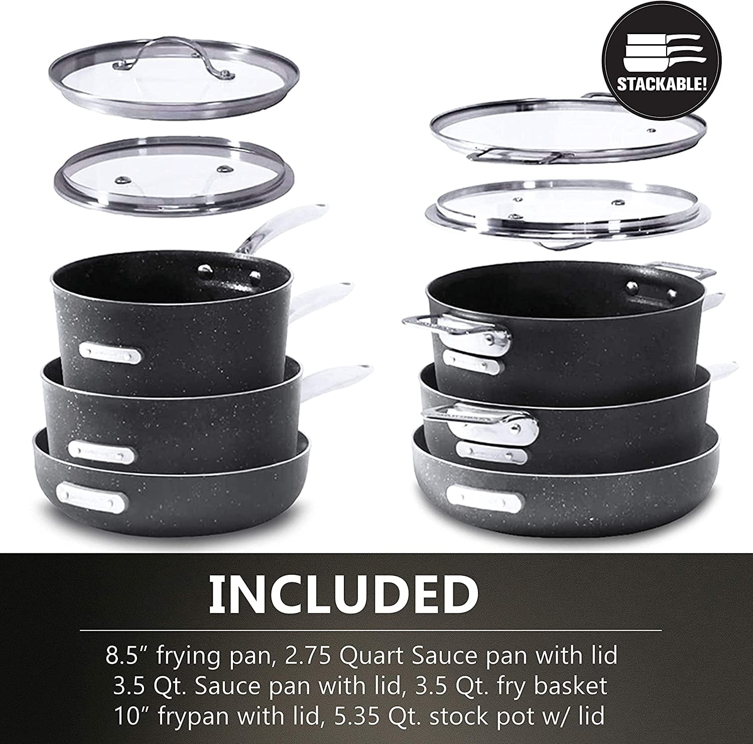 Granitestone Stackmaster Nonstick Pots and Pans Set, 10 Piece Complete Cookware Set, Stackable Design with Ultra Nonstick Mineral & Diamond Coating, Dishwasher & Oven Safe - Image 3