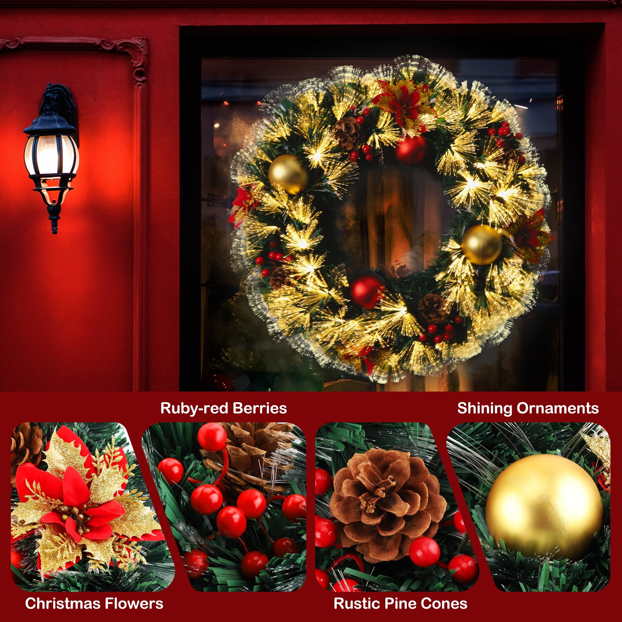 Pre-lit Christmas Wreath Plug in Large Lighted Christmas Wreath 24inch Artificial Christmas Decor Wreath with Lights for Door Window - Image 2