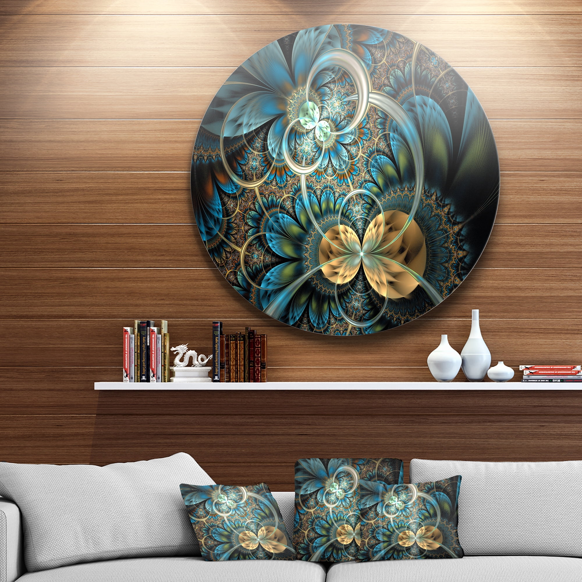 Designart Symmetrical Blue Gold Fractal Flower' Disc Large Contemporary Circle Metal Wall Arts - Image 5