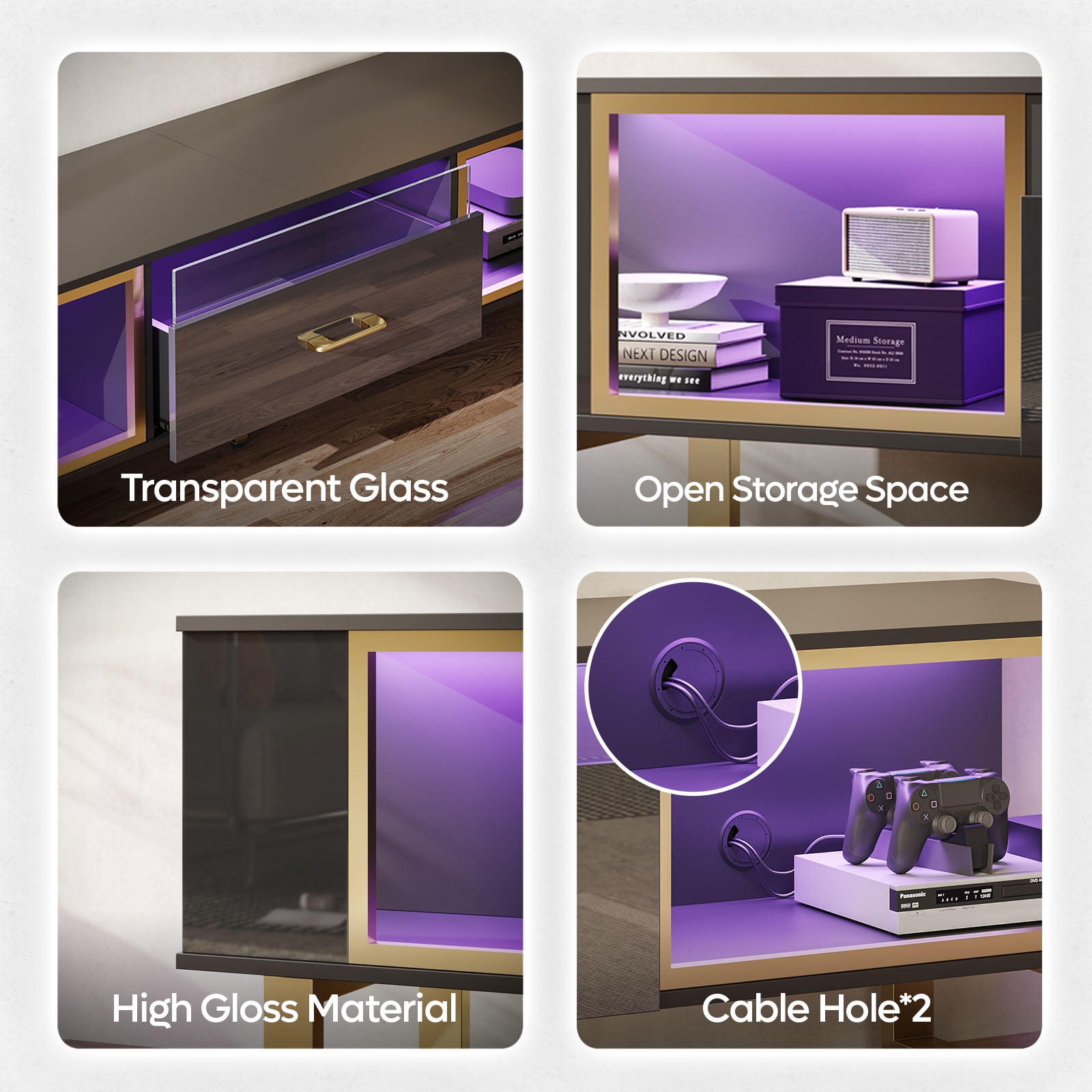 Bestier 70 Inch LED TV Stand for 75 Inch tv, High Gloss Modern Entertainment Center with Drawer & Storage , Black & Gold - Image 2