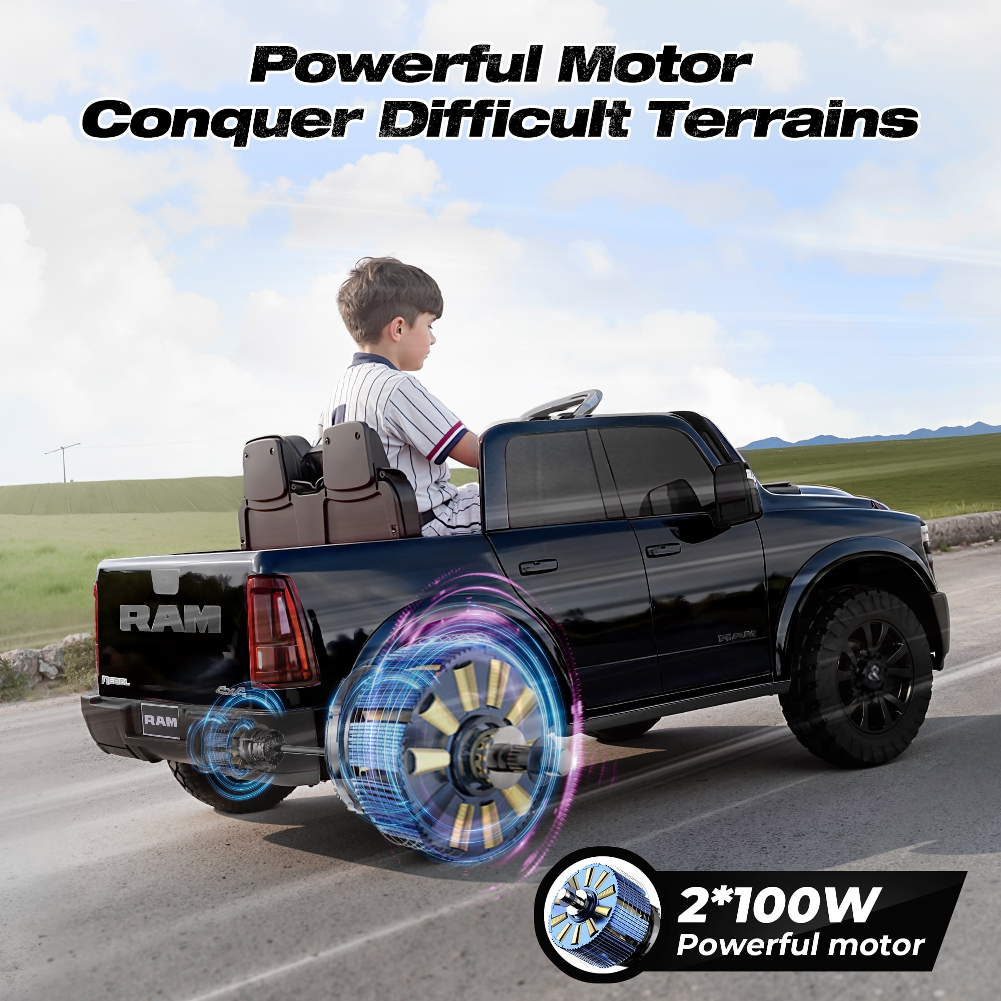 FUNTOK Licensed RAM 2500 24V 2 Seats Ride on Truck for Kids 3-8 w/ 20" Large Seat, 2 x 100W Motors, 24 Volt Ride on Toys w/ 3-Point Seat Belts/Remote Control/LED Light/Music/Back Storage, Black - Image 6