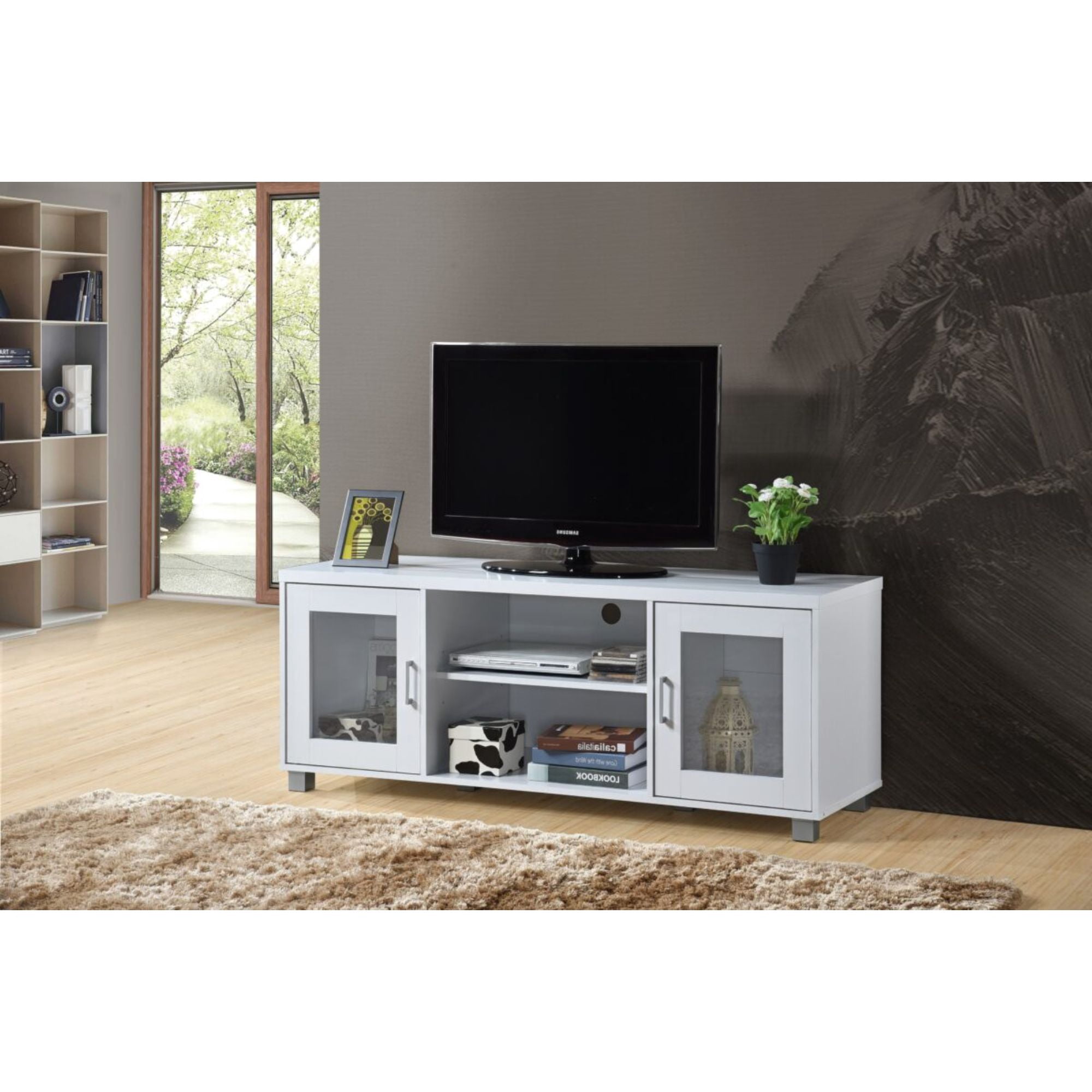 Contemporary Home Living 57" White Entertainment Center with Charcoal Finish - Image 3