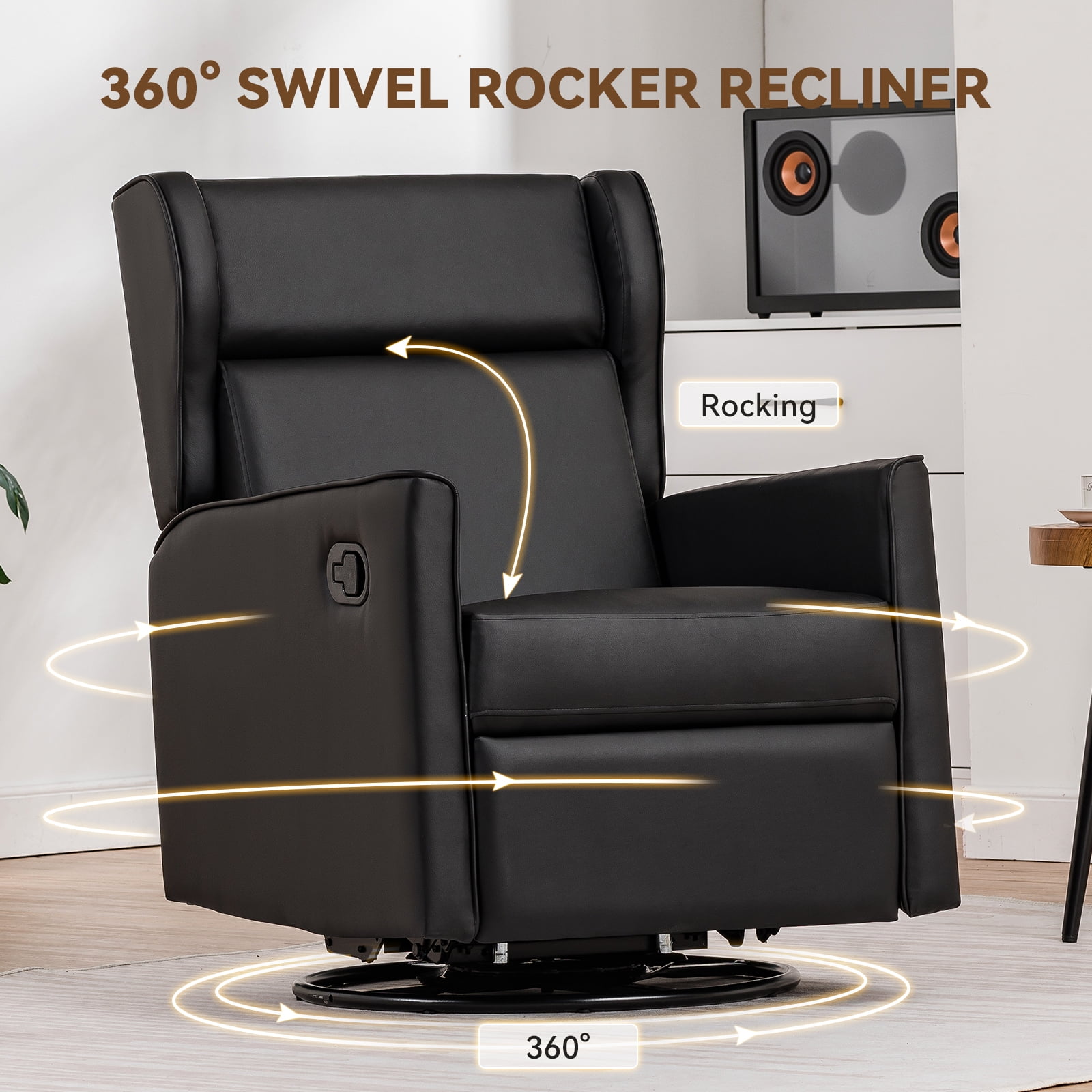 COMHOMA Swivel Rocker Recliner Chair, PU Lether Single Sofa Seat for Living Room, Black - Image 6