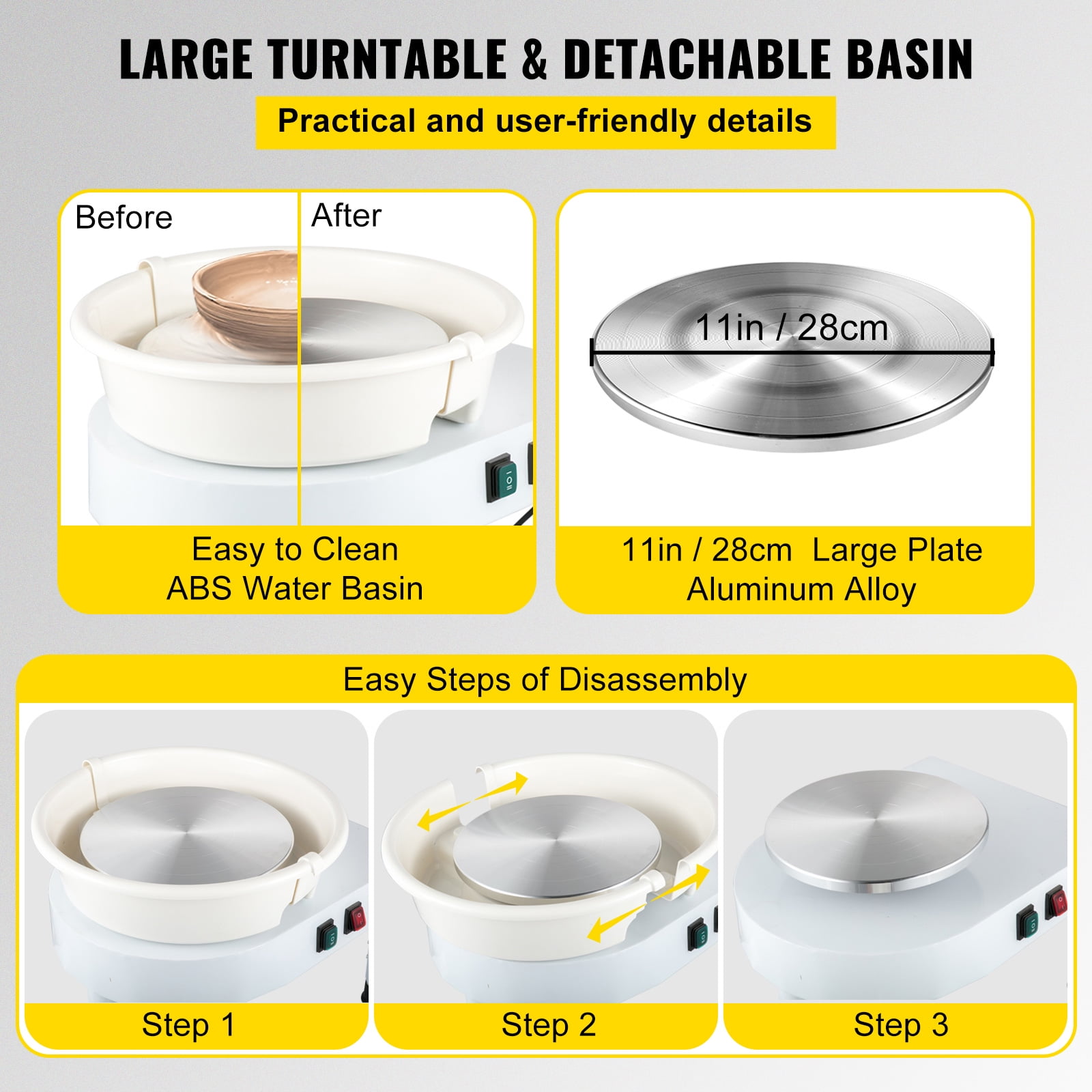 KFFKFF Pottery Wheel, 11" Ceramic Wheel Shaper, 0-300RPM Speed Manually Adjustable 0-7.8" Lift Legs, Foot Pedal Removable Basin, Carving Tools Accessories Kit for Crafts DIY - Image 8