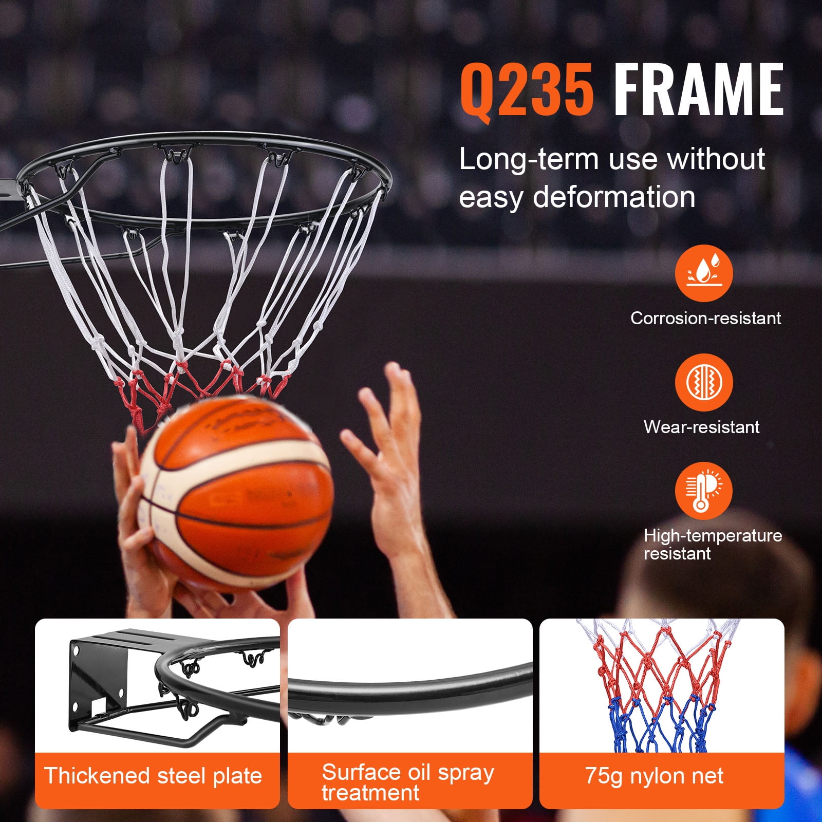 KFFKFF Basketball Goal, Attachable to Wall or Door, Robust Q235 Basketball Flex Rim Substitute with Net, Conventional 18" Indoor and Outdoor Suspended Basketball Hoop for Children and Adults - Image 6