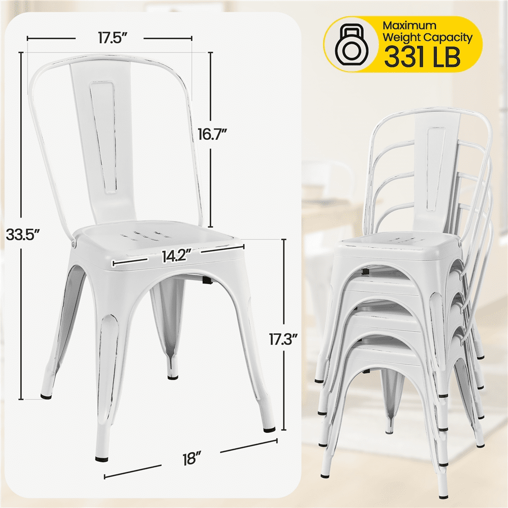Renwick Industrial Iron Dining Chairs for Home, Set of 4, Distressed White - Image 3