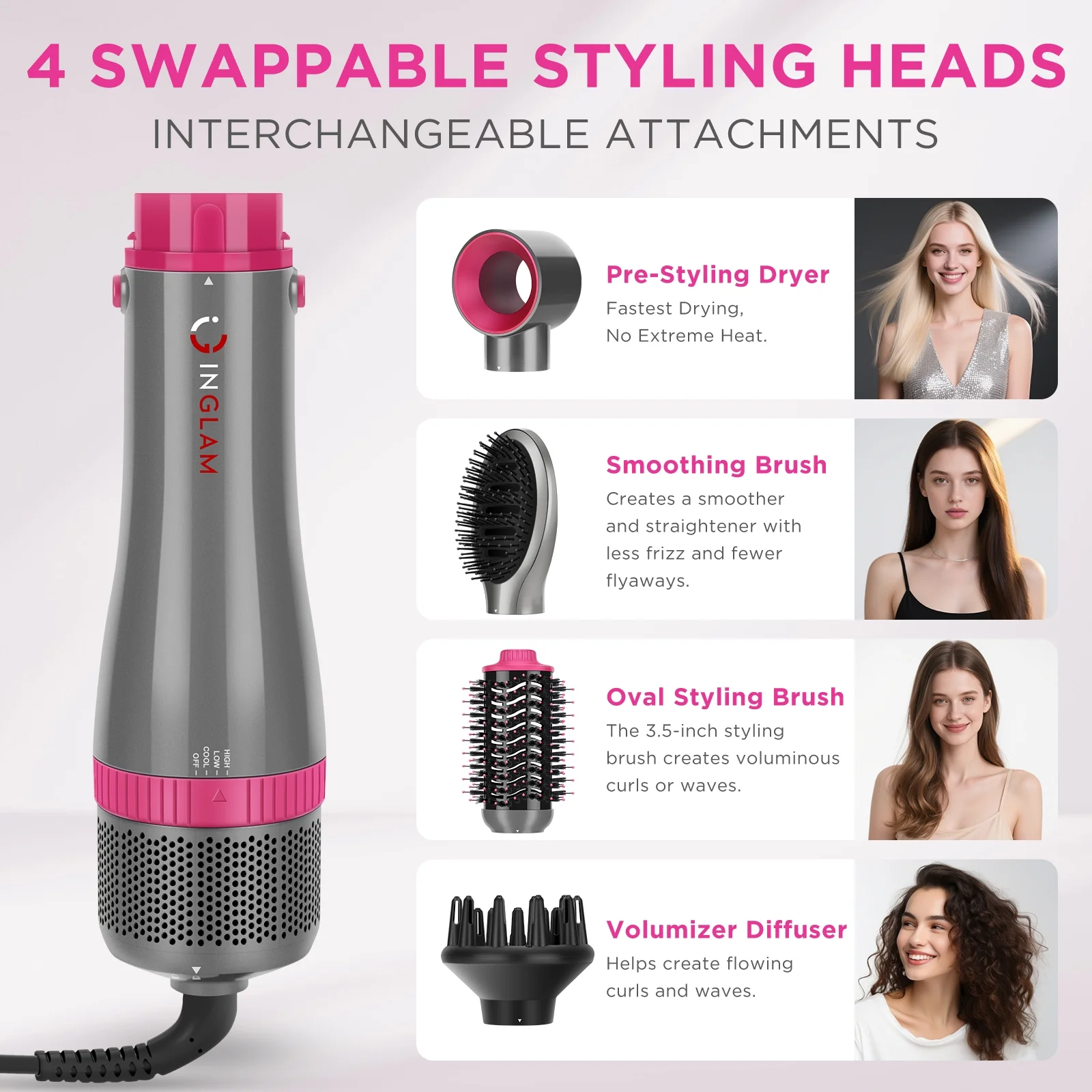IG INGLAM 4 in 1 Hair Appliance, Hair Dryer Brush, Detachable Brush Hair Dryer Set, Negative Ion Blowout Brush for Straightening/ Drying/ Curling/ Styling, Gray - Image 5
