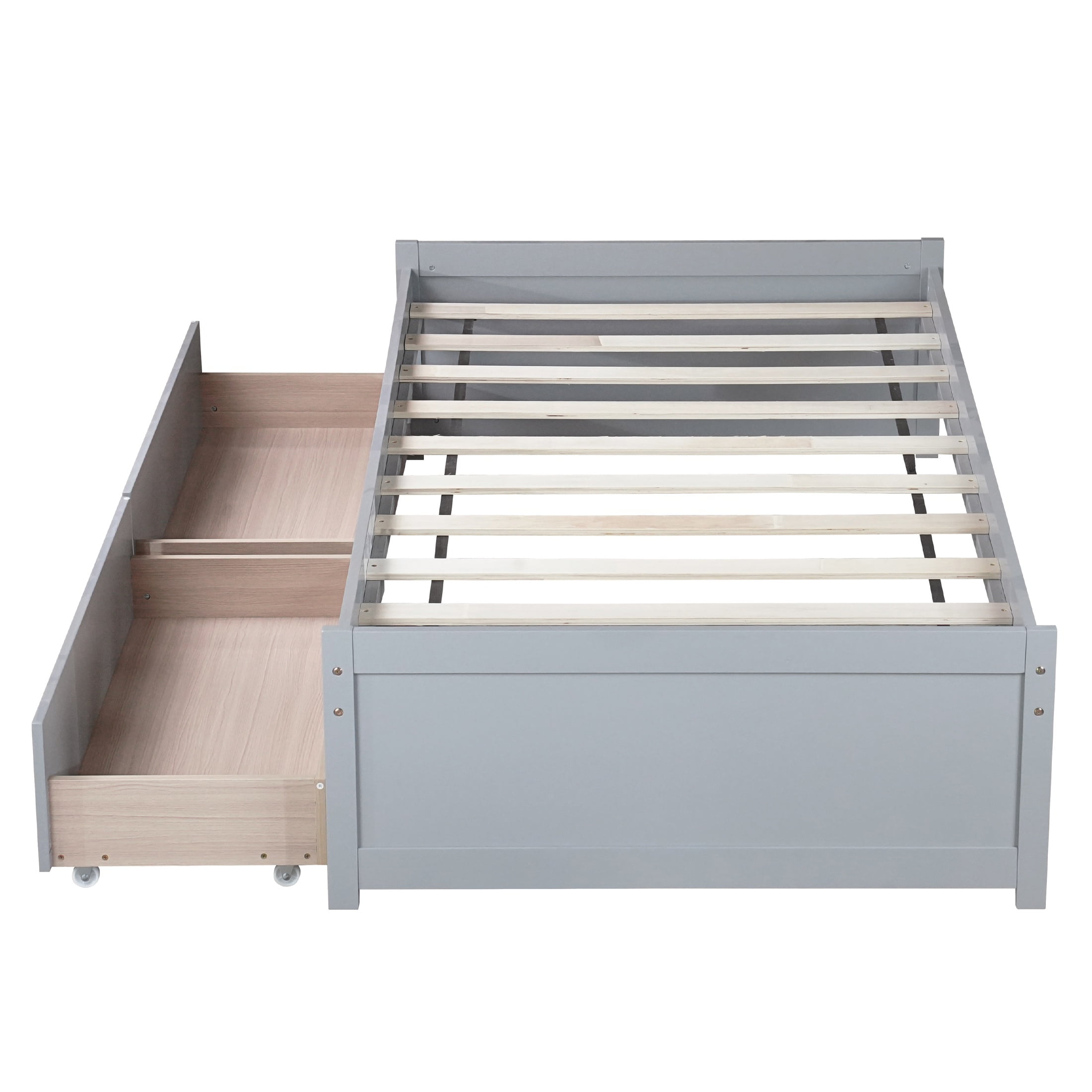 PORKISS Twin Bed Frame, Solid Wood Platform Bed with 2 Drawers, Pine Wood Bed for Kids Teens Adults, No Box Spring Needed, Grey - Image 5