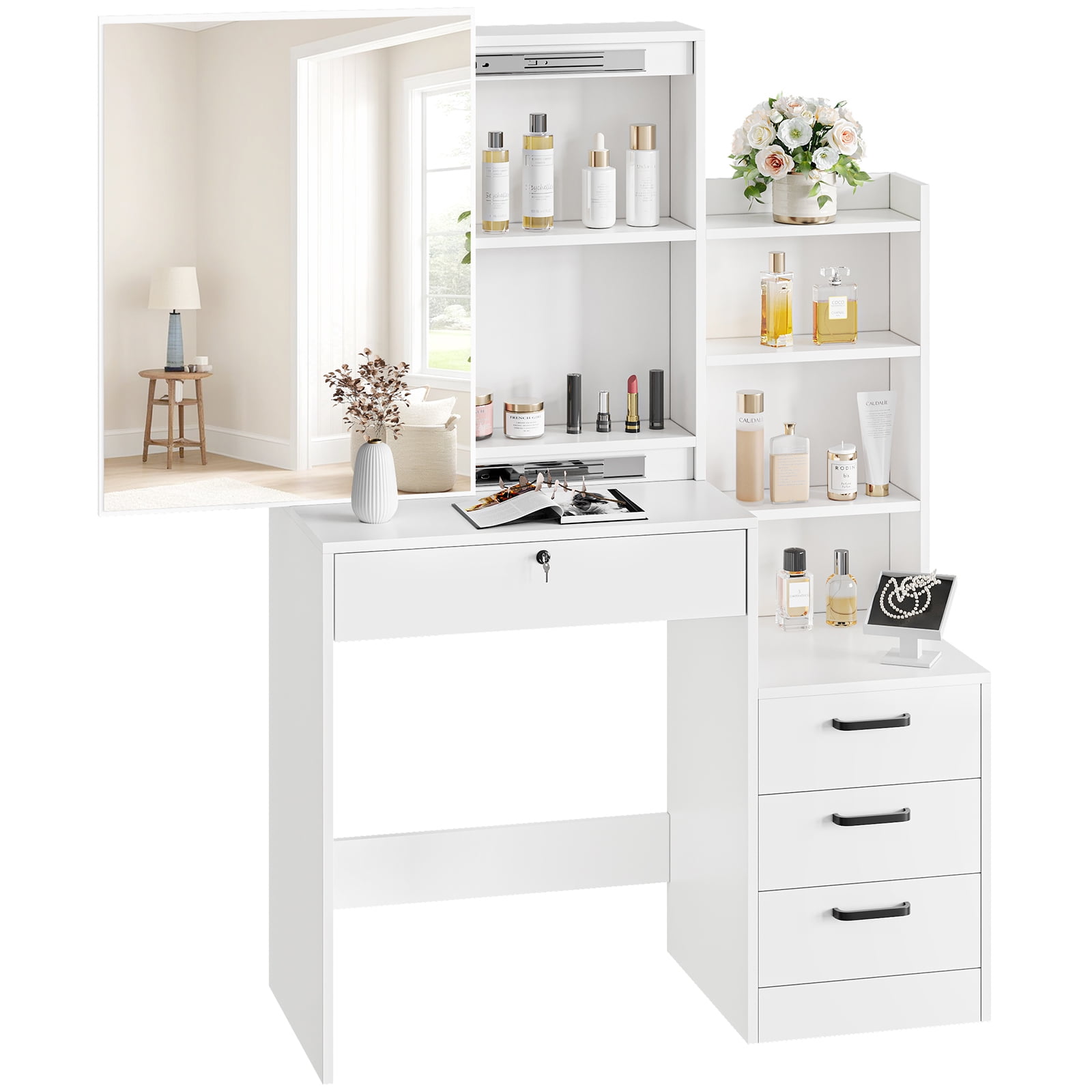 SUGIFT White Lighted Makeup Vanity Table with Sliding Sliding Mirror, Modern Dressing Table Desk with Storage for Bedroom - Image 3