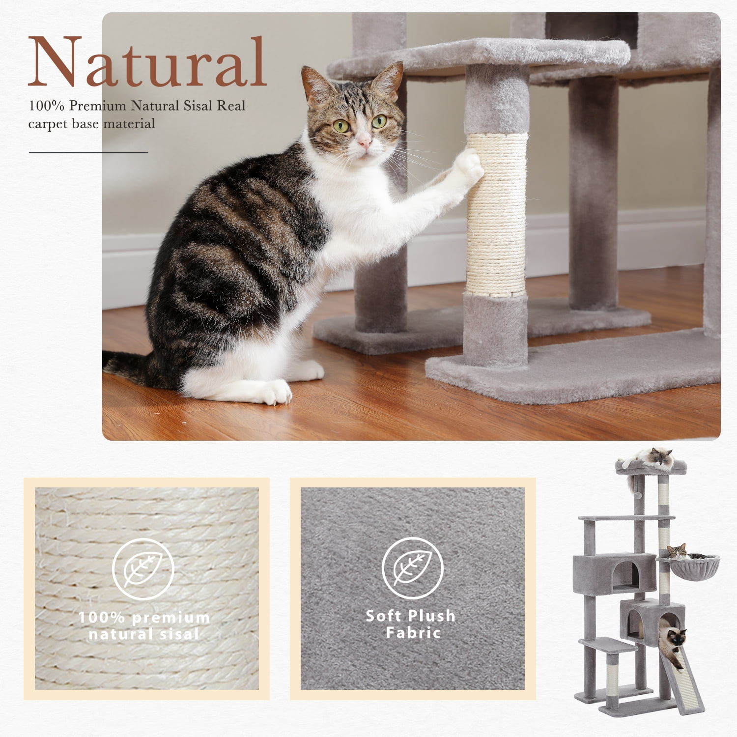 PEQULTI 61" Modern Cat Tree Large Cat Tower with Ladder and Dual Condos Indoor Light Gray - Image 6