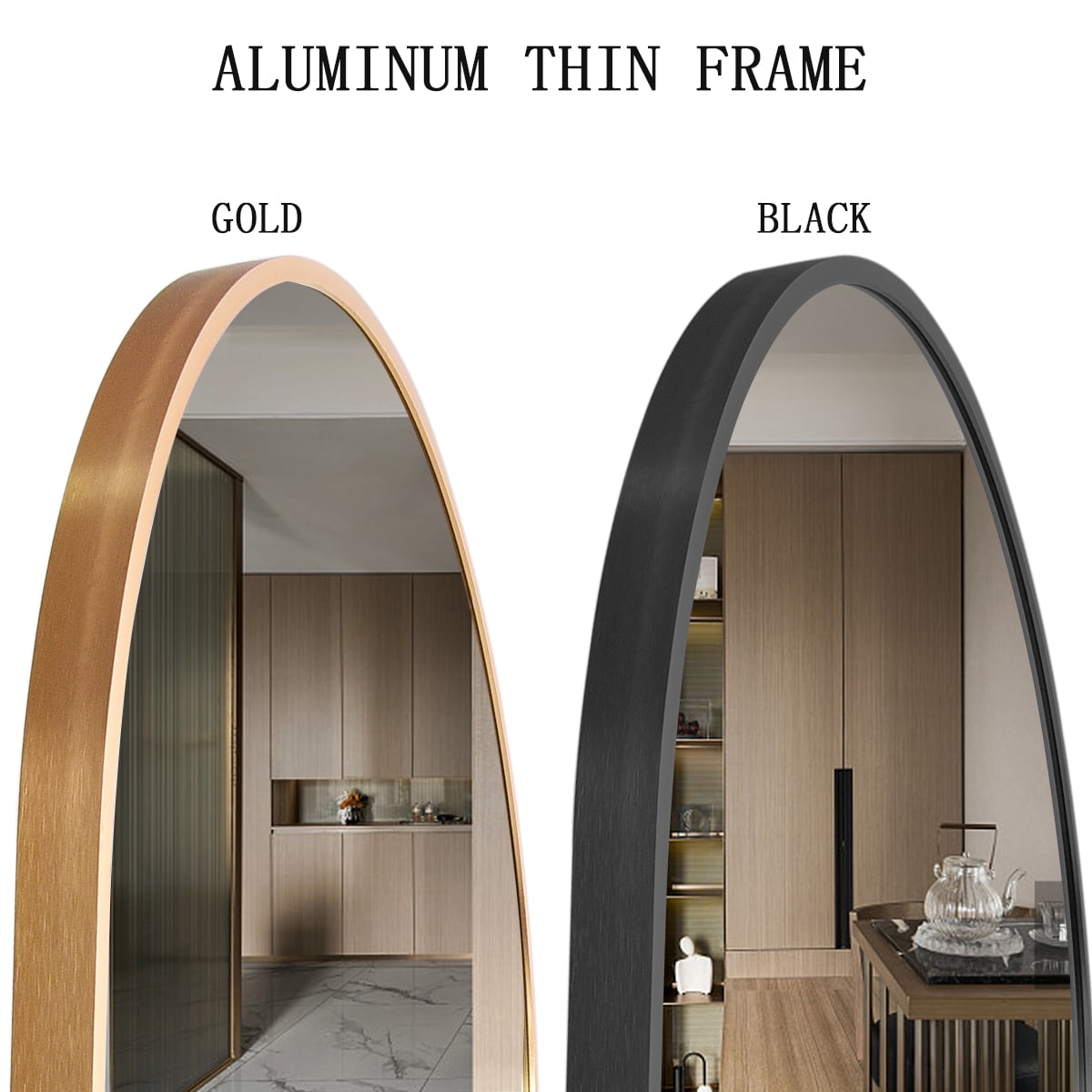 VLUSH 64"x21" Arched Full Length Mirror, Standing Floor Mirror Hanging or Leaning, Wall Mirror Aluminum Thin Frame for Bedroom (Black) - Image 3