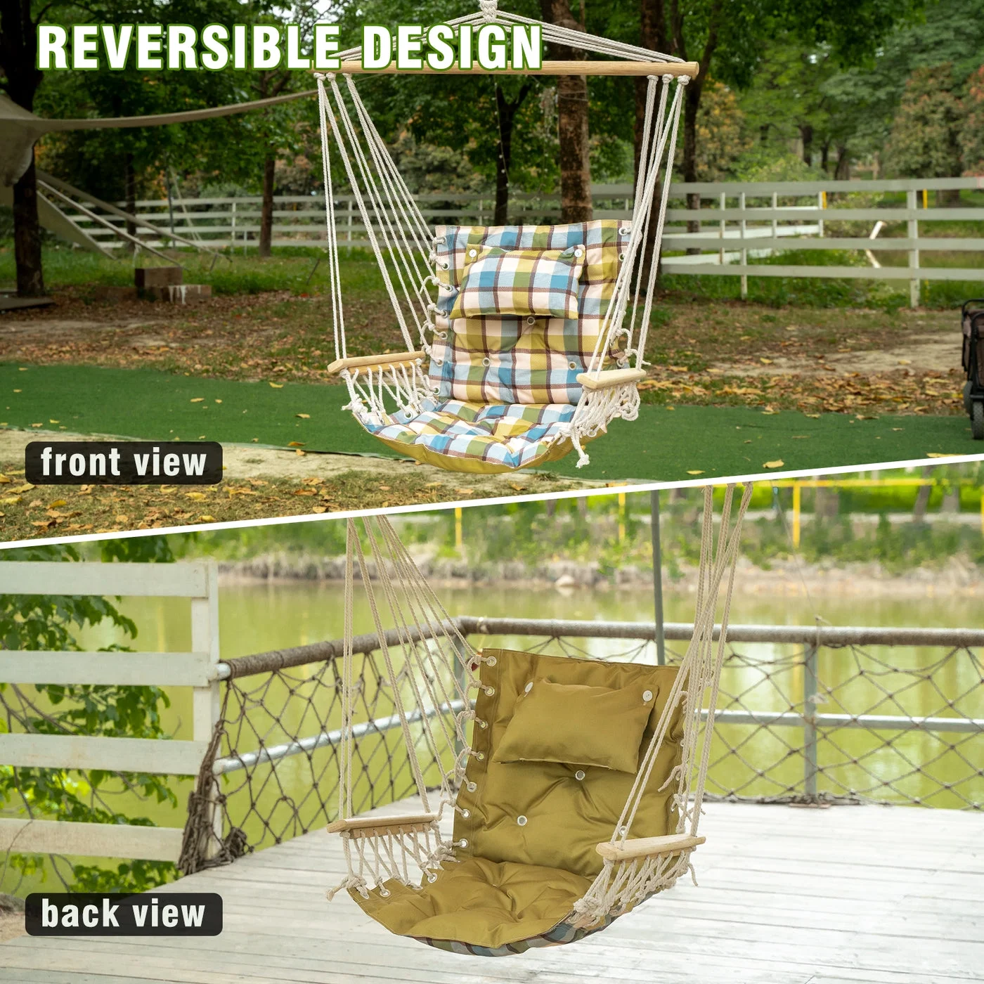 Hanging chair with Pillow & Arms- Extra Padded - Reversible Green Plaid - Image 4