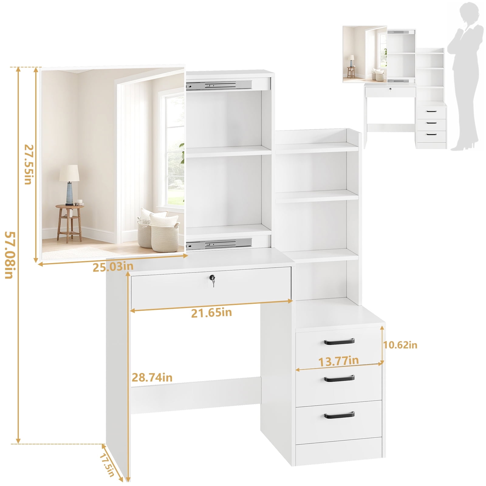 SUGIFT White Lighted Makeup Vanity Table with Sliding Sliding Mirror, Modern Dressing Table Desk with Storage for Bedroom - Image 8