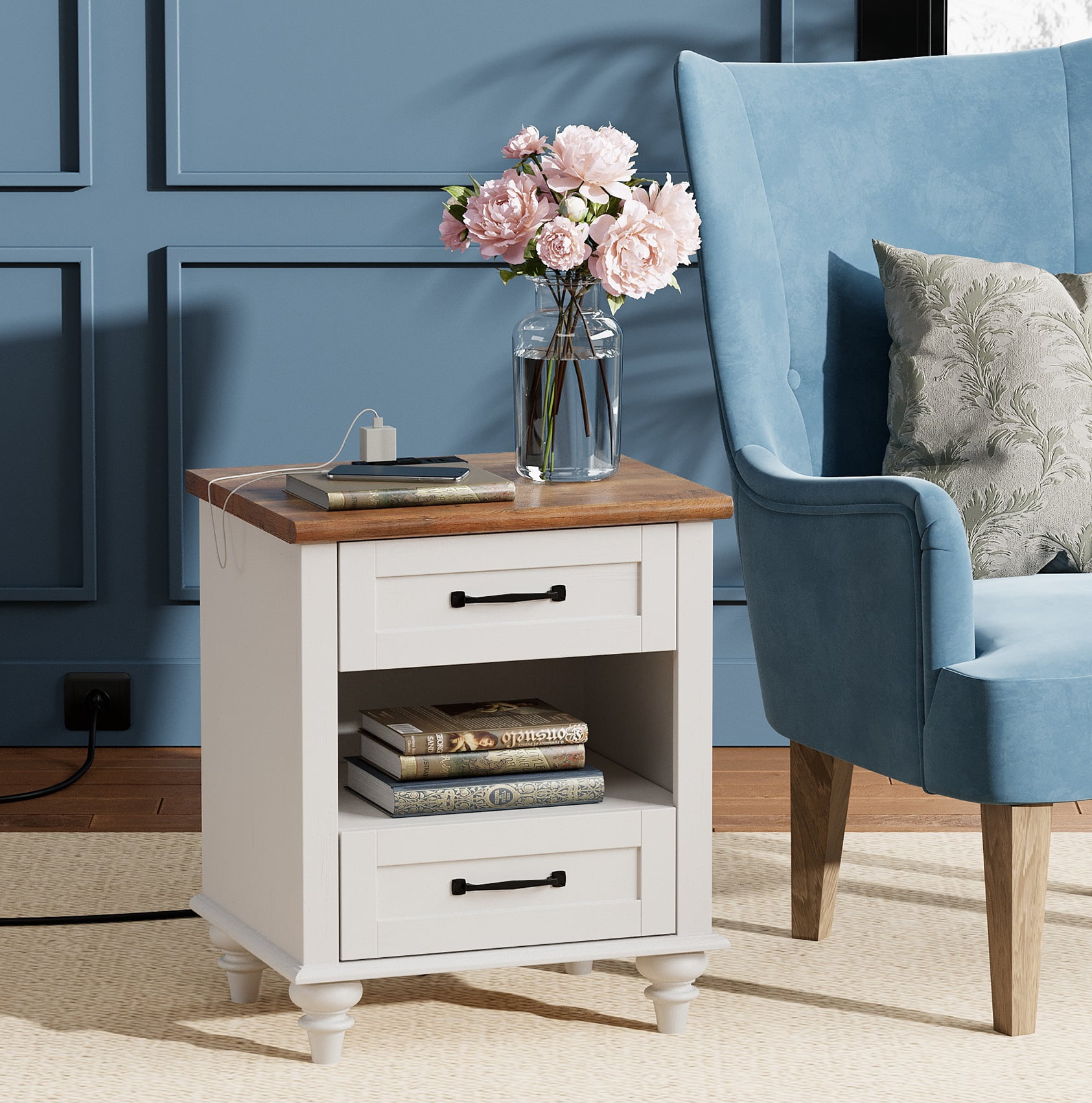 White Nightstand with Charging Station for Bedroom, Wood End Table for Living Room Kids room - Image 6