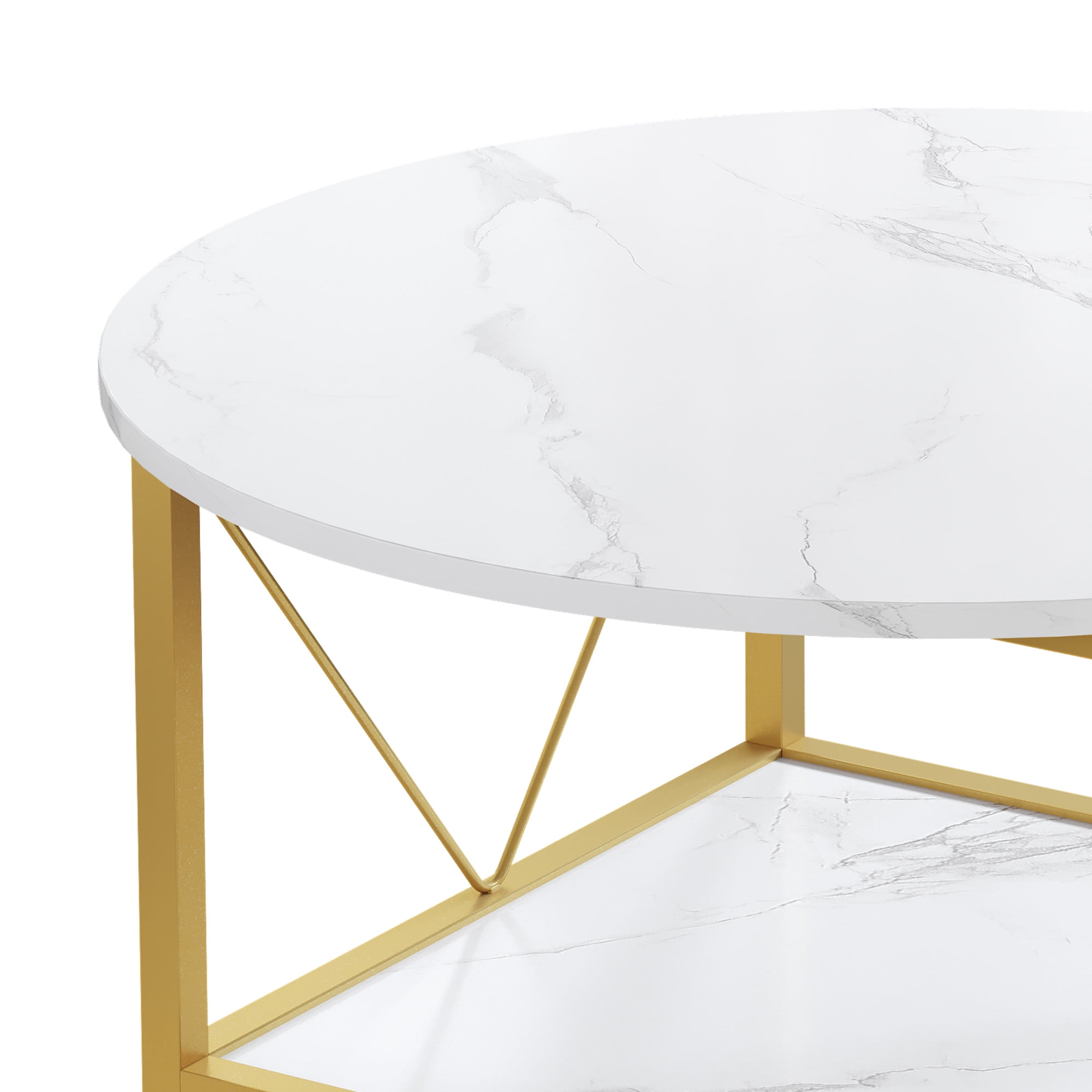 Dextrus Round Coffee Table with Storage, Rustic Living Room Tables with Sturdy Metal Legs, Marble White and Gold - Image 5