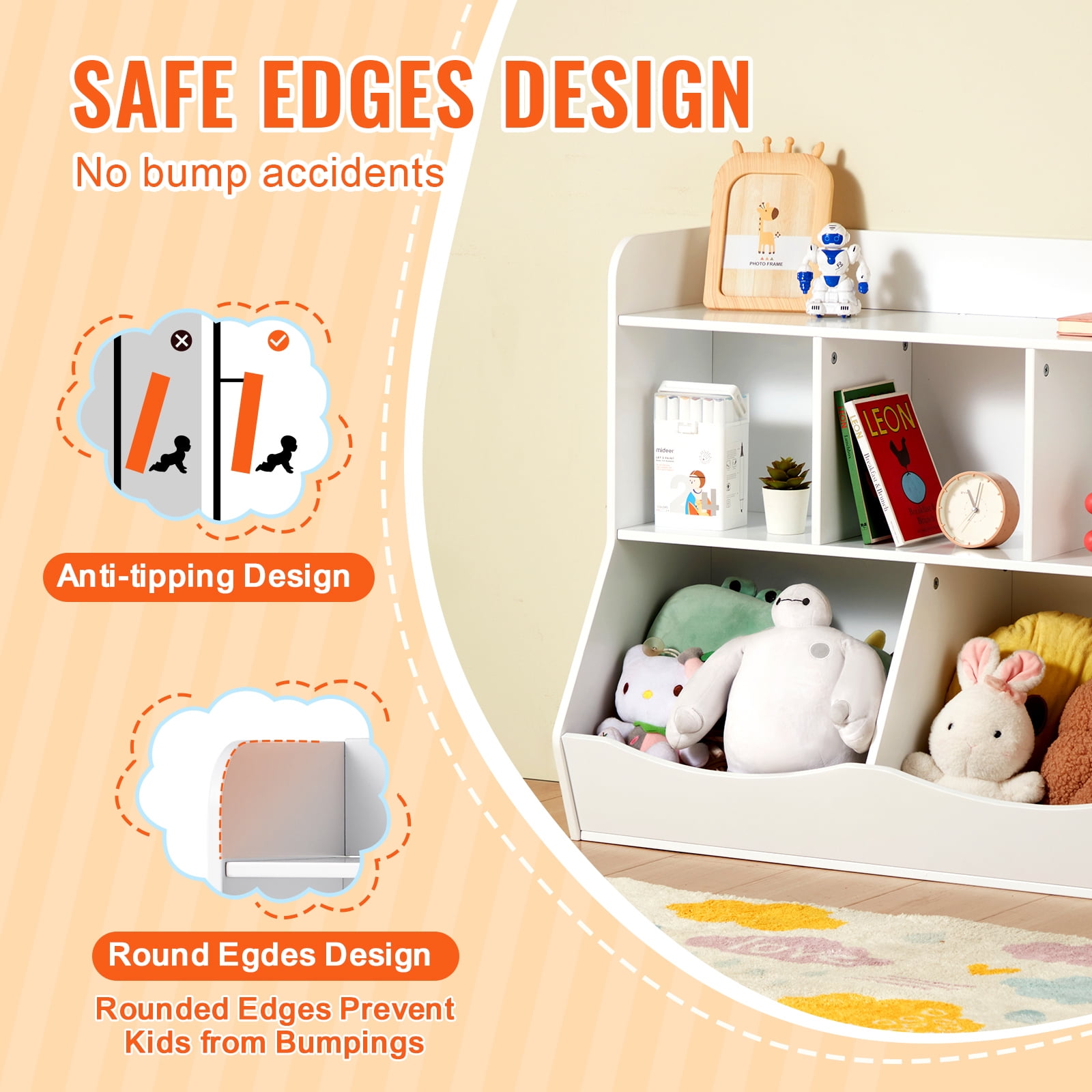 KFFKFF Children's Wooden Storage Unit, Includes Bookshelf and 5 Compartments, Ideal for Organizing Toys and Books in Kid's Rooms, Play Areas, or Classrooms, Nursery-Friendly Design, White - Image 2