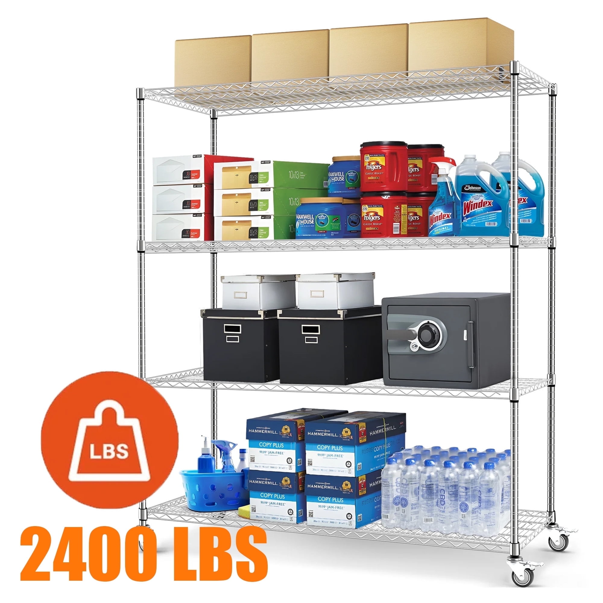 4-Tier 60"x 24"x72" Heavy Duty Wire Shelving with Wheels, Silver Metal Shelves ,Chrome 2400Lbs Capacity Garage Shelving - Image 6