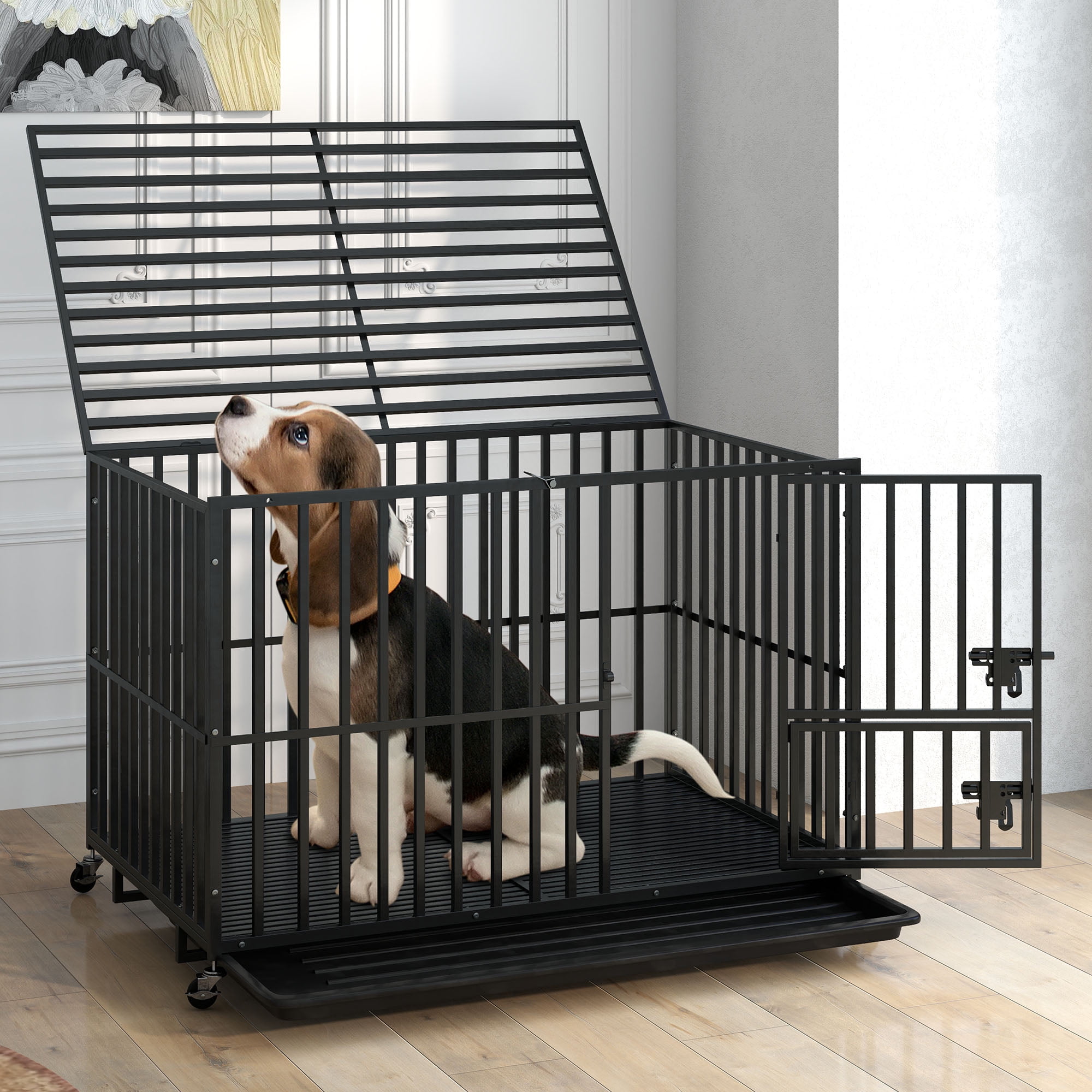 Uforic 48 Inch Heavy Duty Dog Crate Cage Kennel with Wheels, High Anxiety Indestructible, Sturdy Locks Design, 3 Door and Removable Tray, Extra Large XL XXL - Image 2