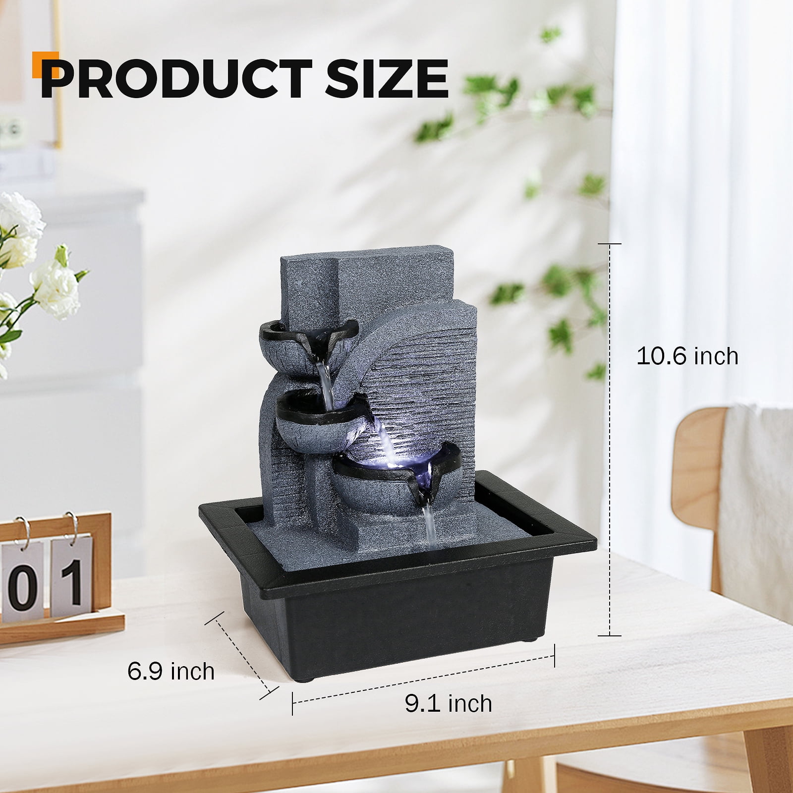 BEAMNOVA 10.6"Tall Tabletop Water Fountain, 3 Tier Flowing Bowls Waterfall Desktop Fountain Indoor Decor, White Light - Image 5