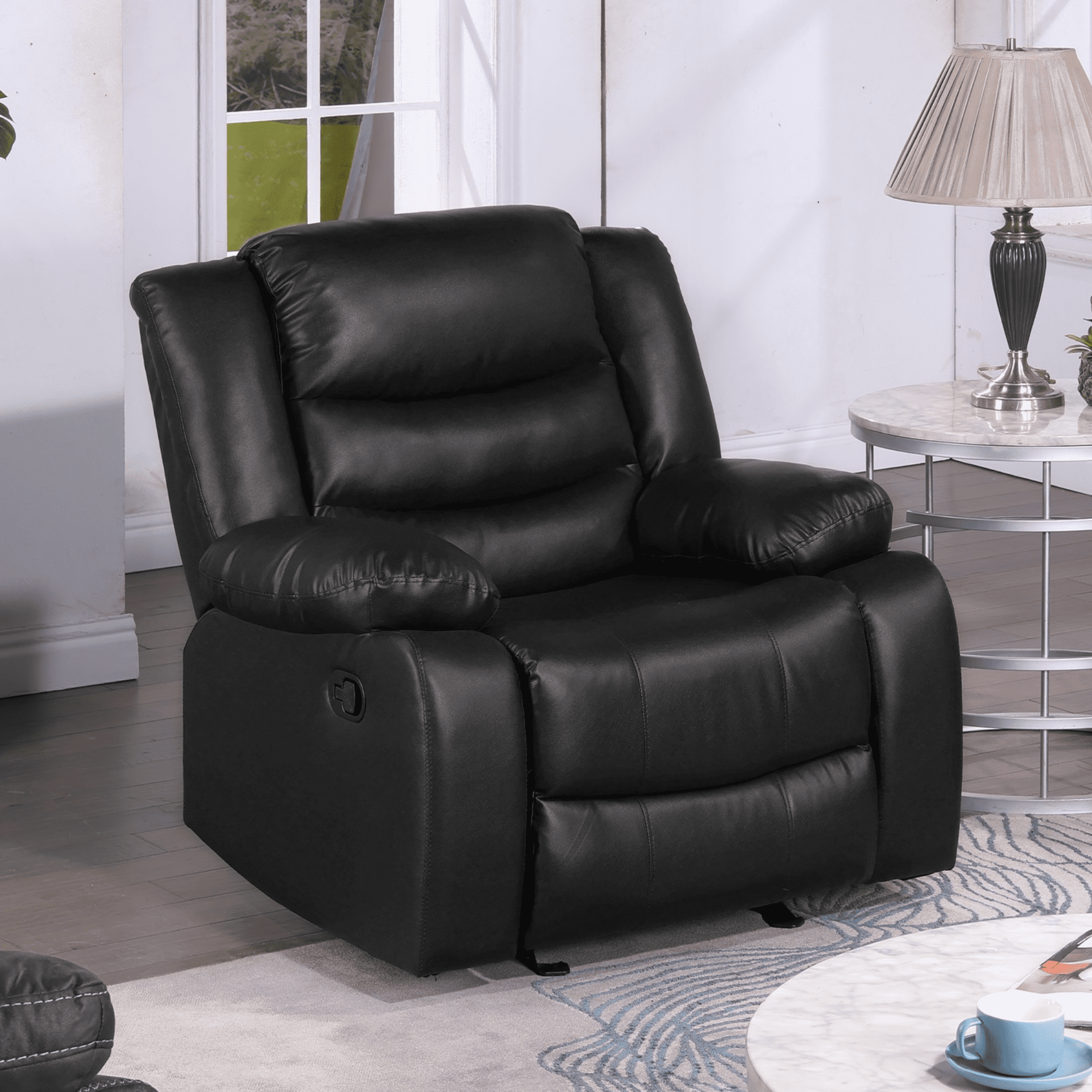 TrumanPick Manual Recliner Rocker Chair, Leather Rocker Recliner Living Room Lazy Boy Reclining Chairs for Adults Small Spaces, Black - Image 2