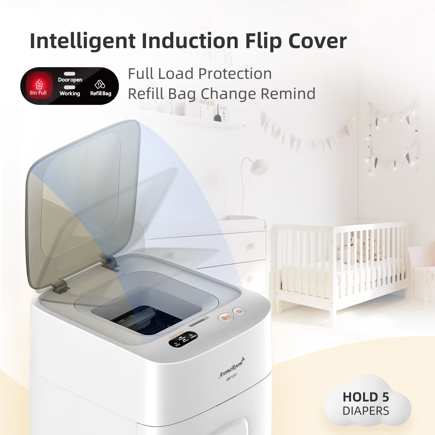 Aroma Room Electric Full-Automatic Odor-Locking Diaper Pail with 36 Count Bags, White - Image 2