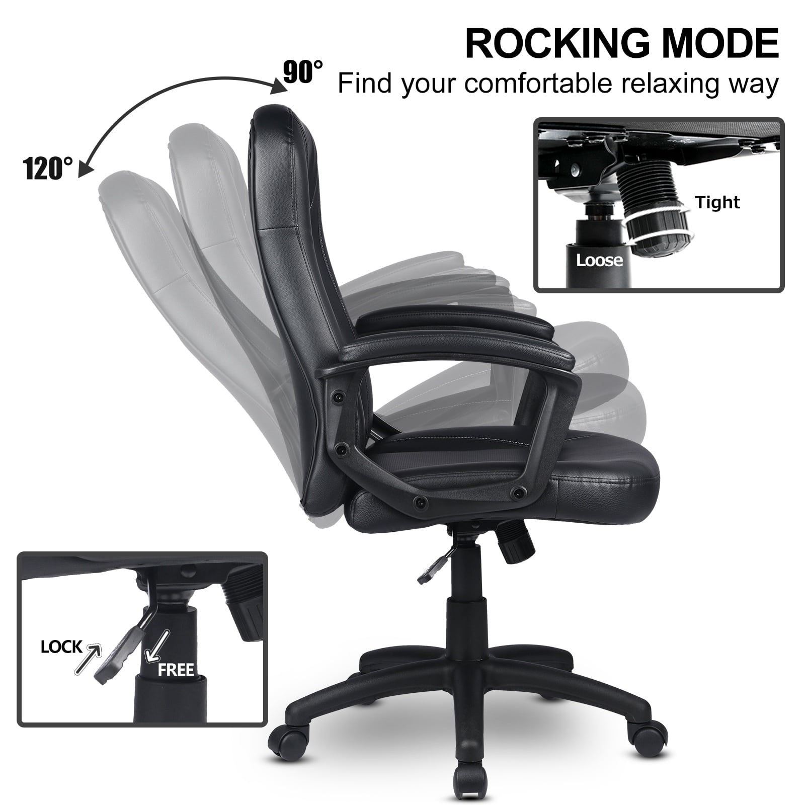 Comhoma Mid Back Ergonomic Faux Leather Executive Office Chair, Black - Image 4