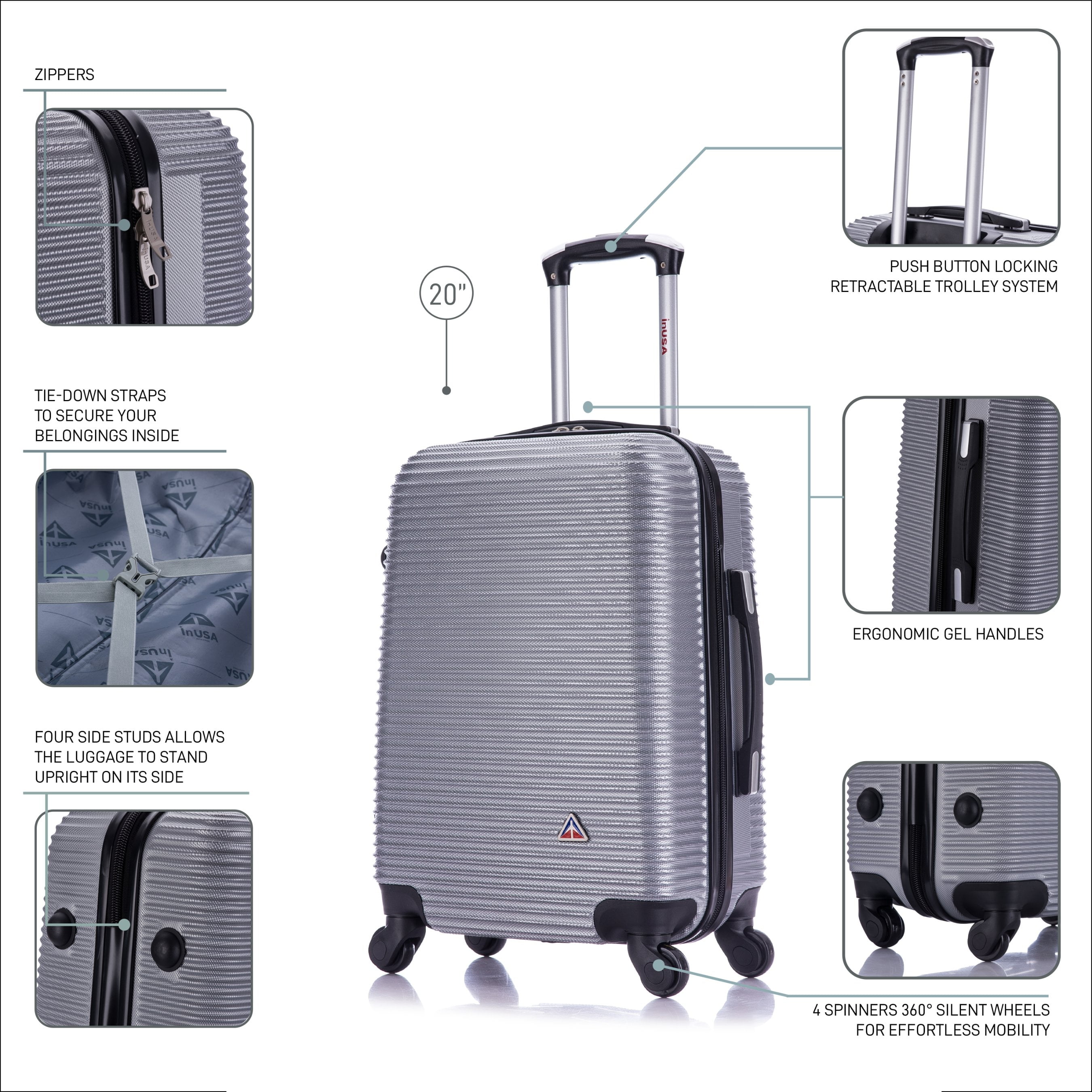 InUSA Royal 20" Hardside Lightweight Luggage with Spinner Wheels, Handle, and Trolley, Silver - Image 2