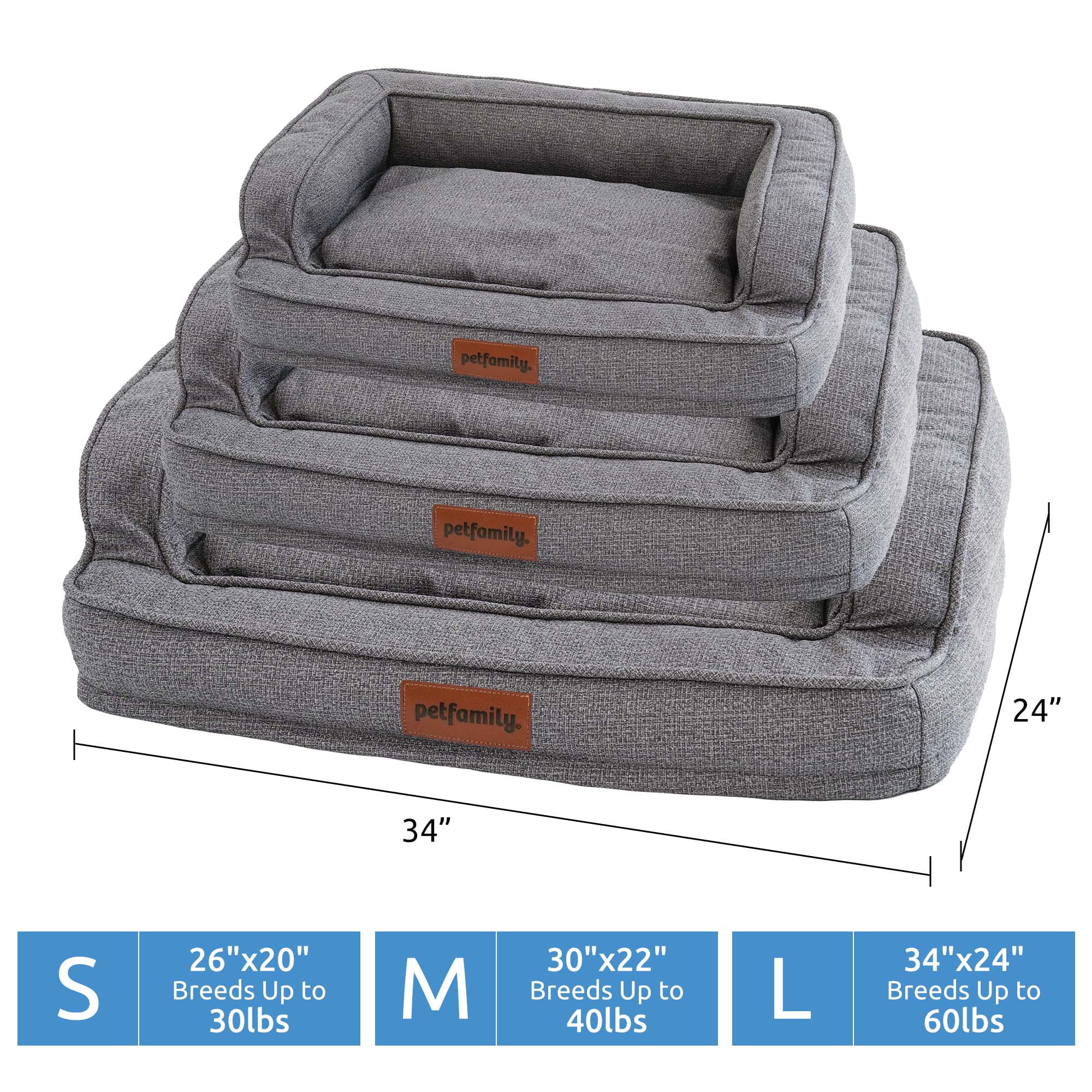 Petfamily Luxe Mattress Edition Washable Dog Bed, Pet Bed, Grey, Large, 34"x24"x8.6" - Image 5