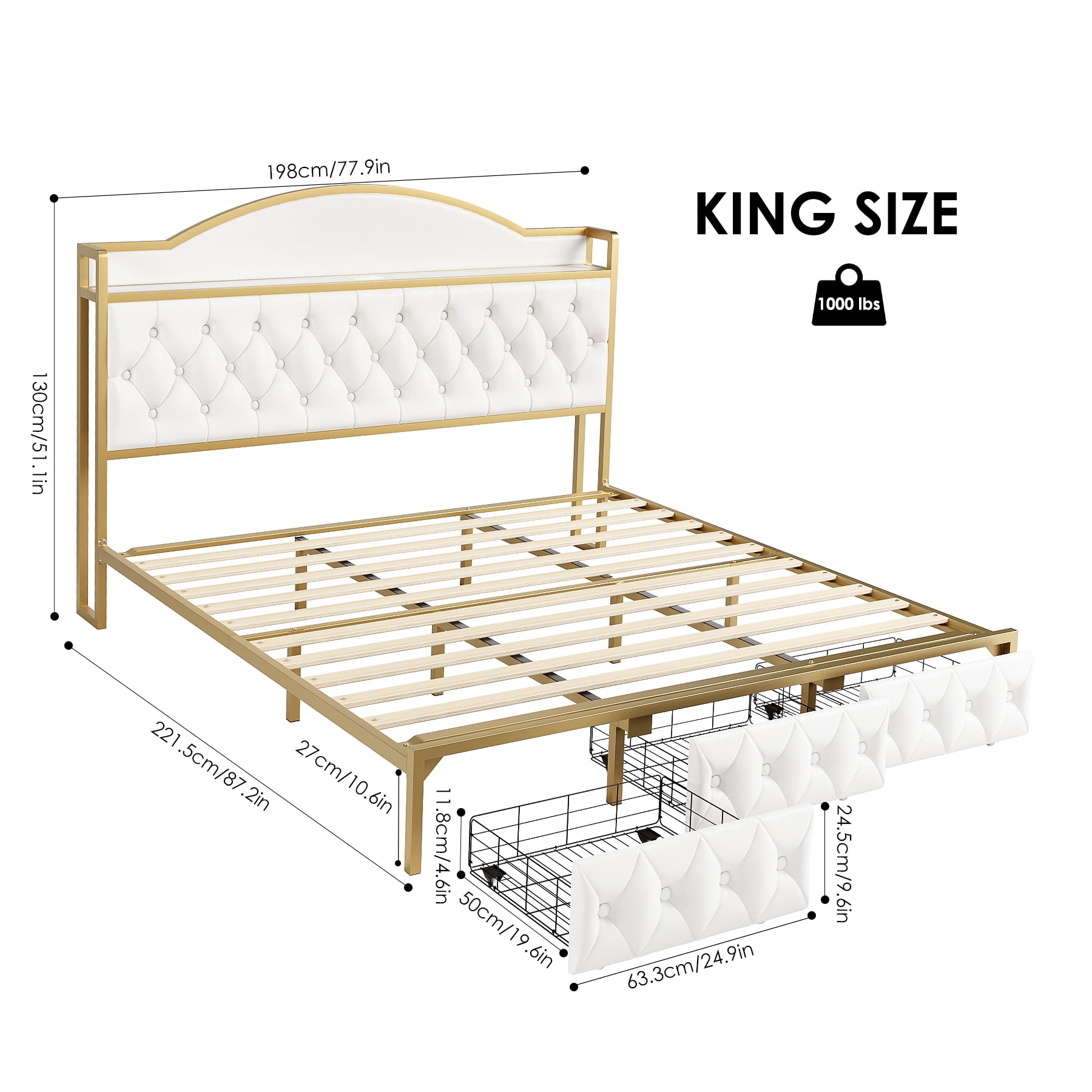 Homfa King Size Storage Bed with 3 Drawers, PU Leather Upholstered Bed with Shelving and Charging , White - Image 8