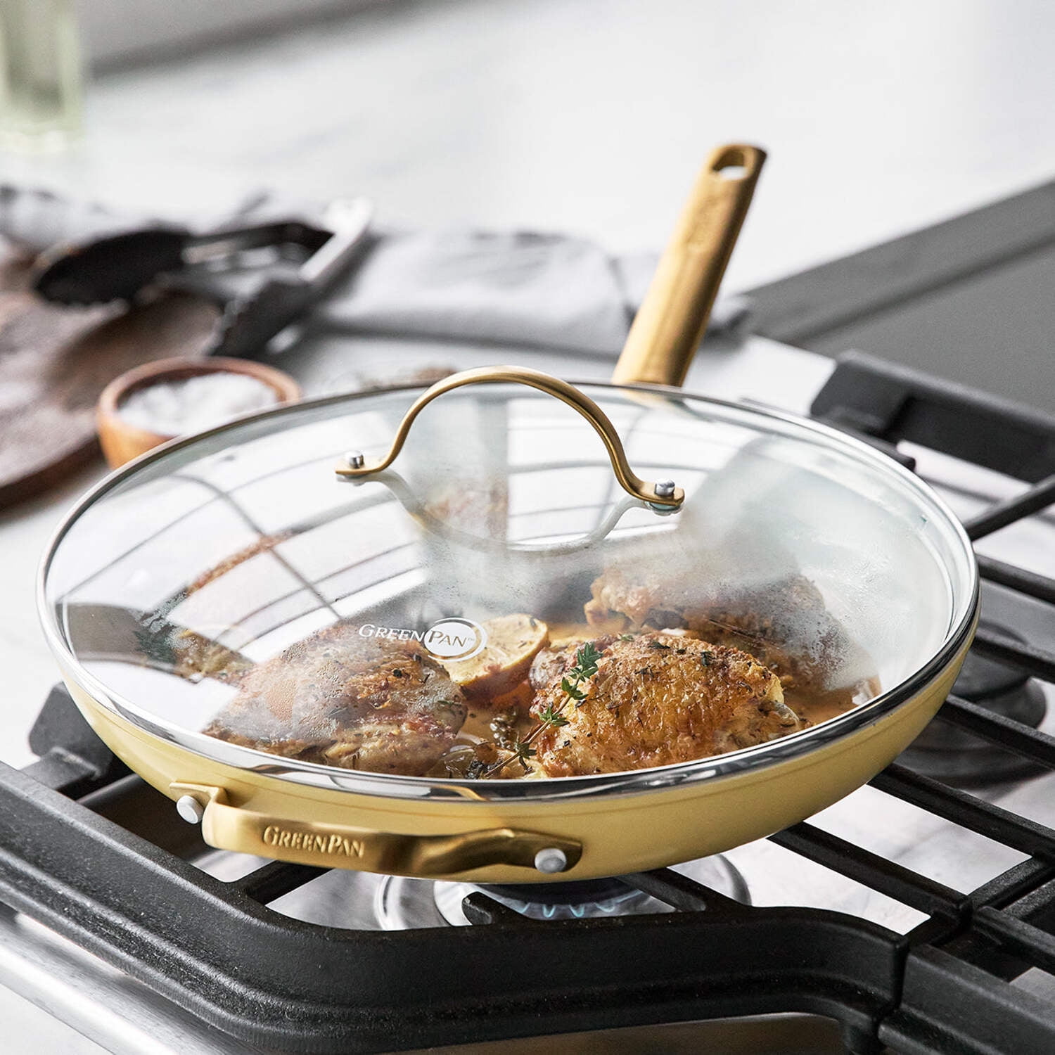 GreenPan Reserve Ceramic Nonstick 12" Frypan with Helper Handle and Lid | Sunrise with Gold-Tone Handles - Image 4