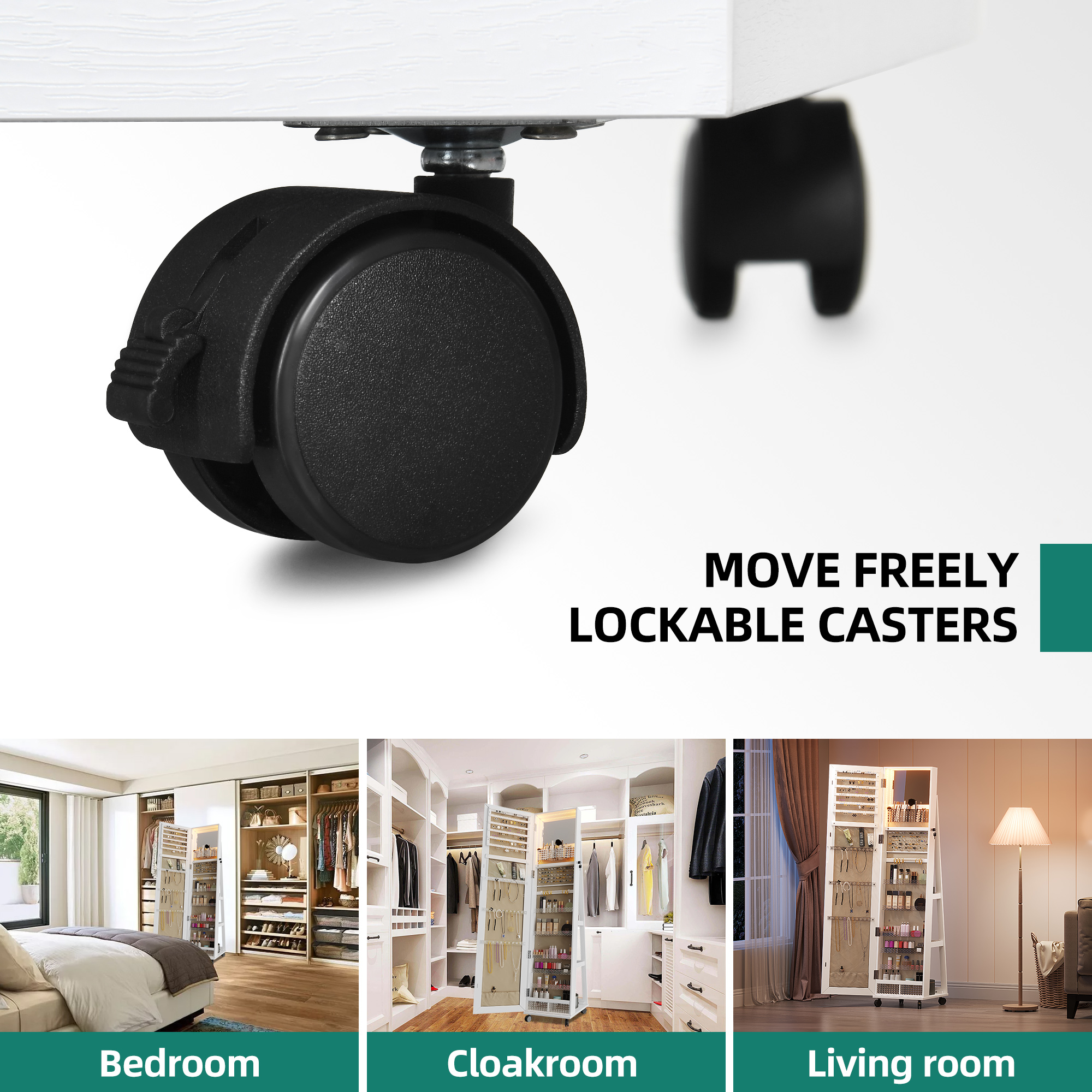 Dextrus 360° Swivel Jewelry Cabinet With Wheels, Lockable Standing Jewelry Armoire with Full-Length Mirror, Rear Storage Shelves, White - Image 8