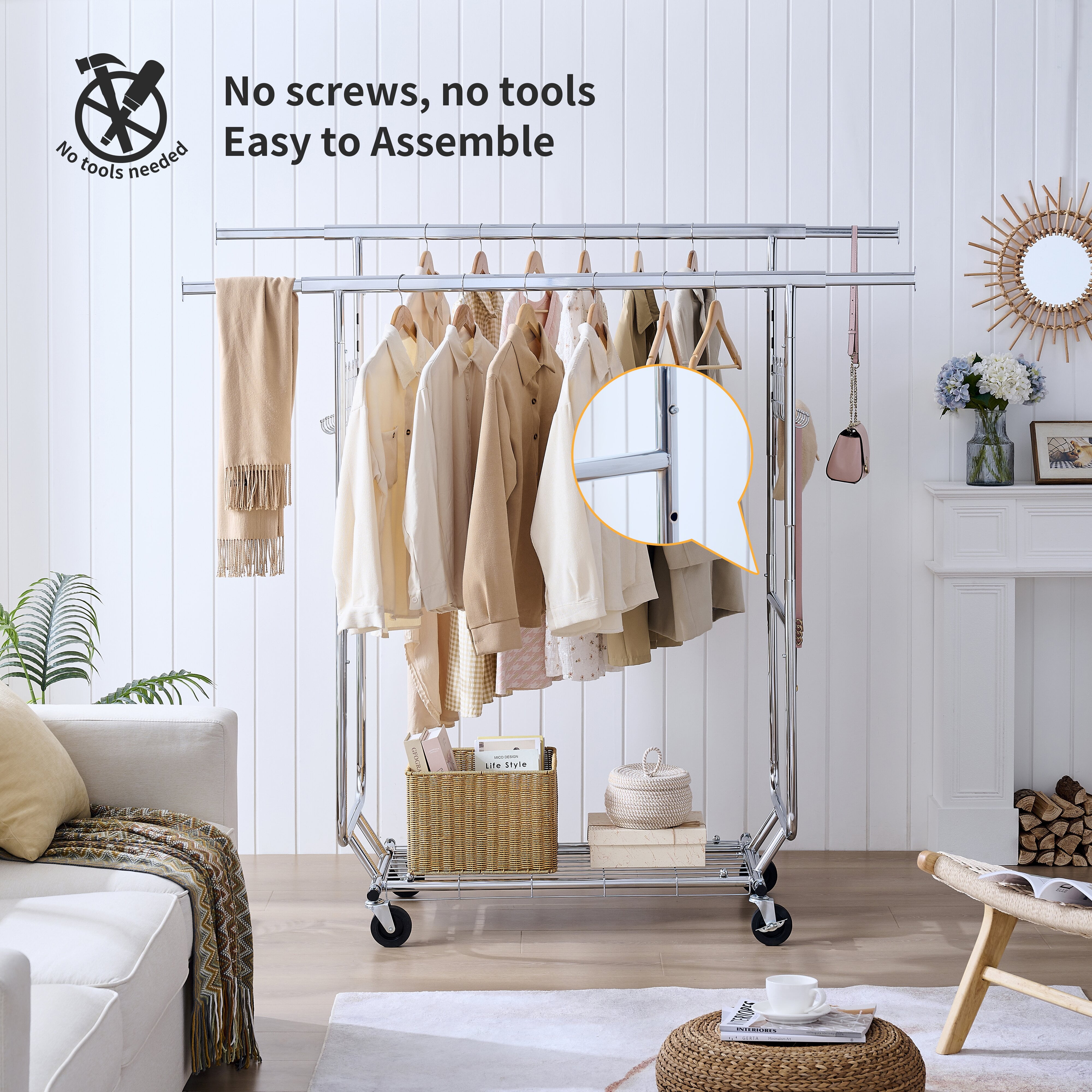 Yoneston 800lbs Heavy Duty Garment Rack with Wheels, Adjustable Metal Double Rail Rolling Clothing Rack with Storage Shelf Portable Clothing Rack for Home Office Shop,Sliver - Image 2