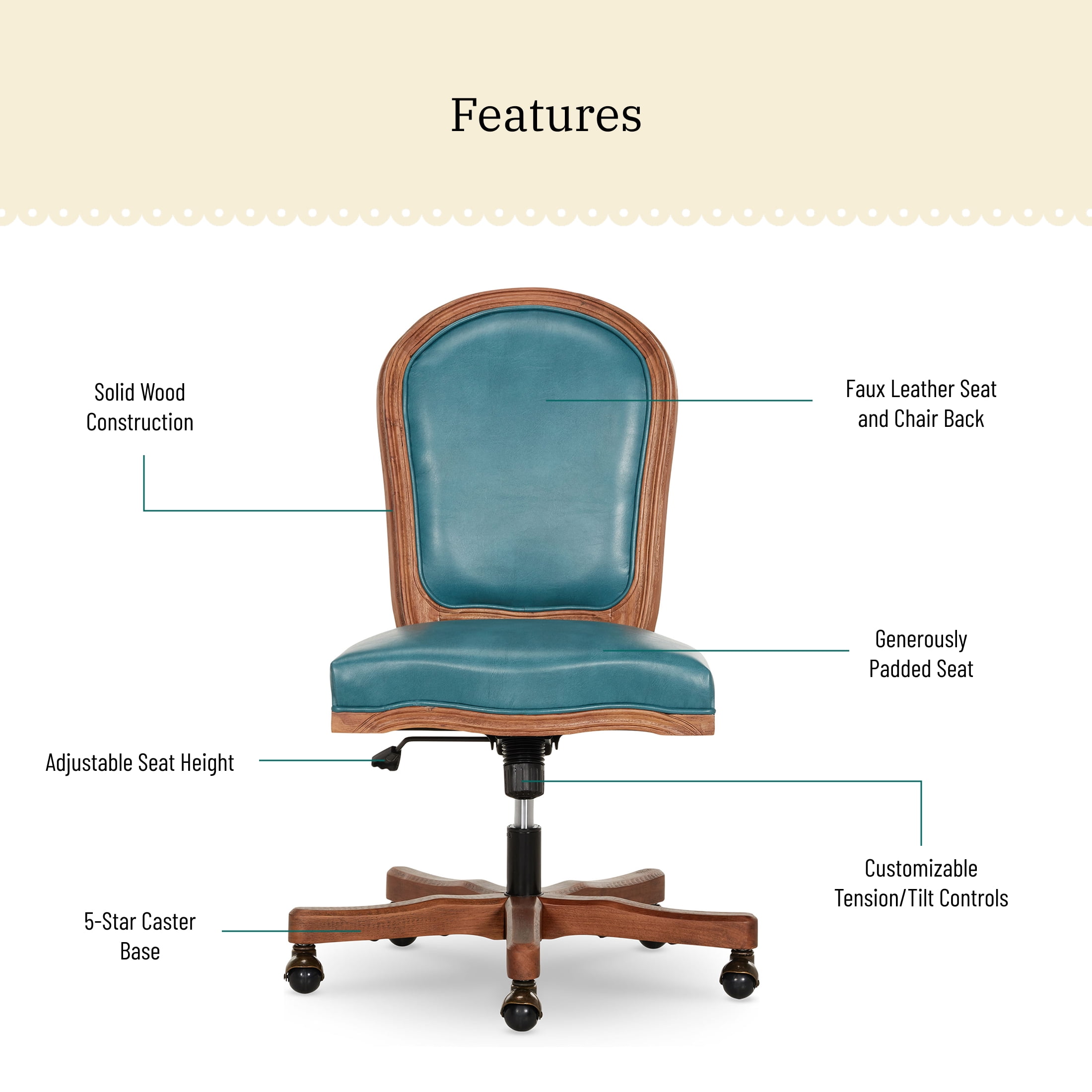 The Pioneer Woman Harper Wood Trim Office Chair, Turquoise Faux Leather - Image 8